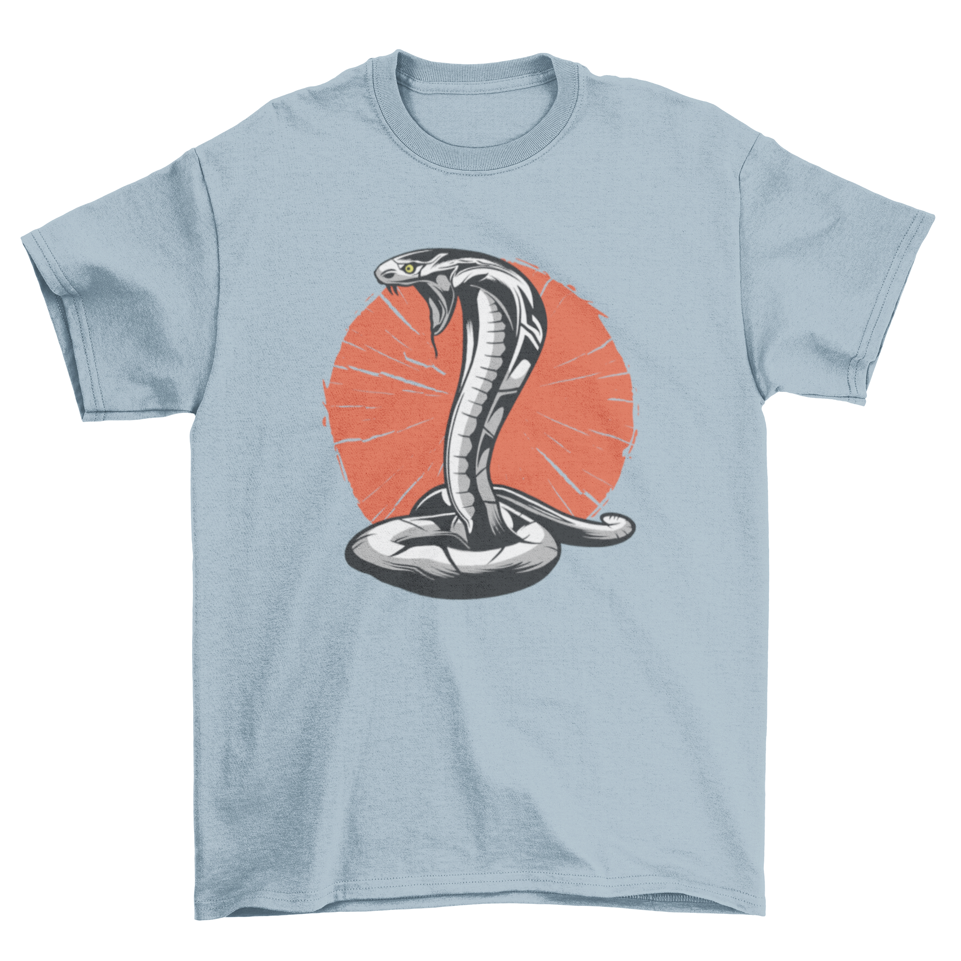 Cobra t-shirt design featuring a black and white cobra on an orange circle background.