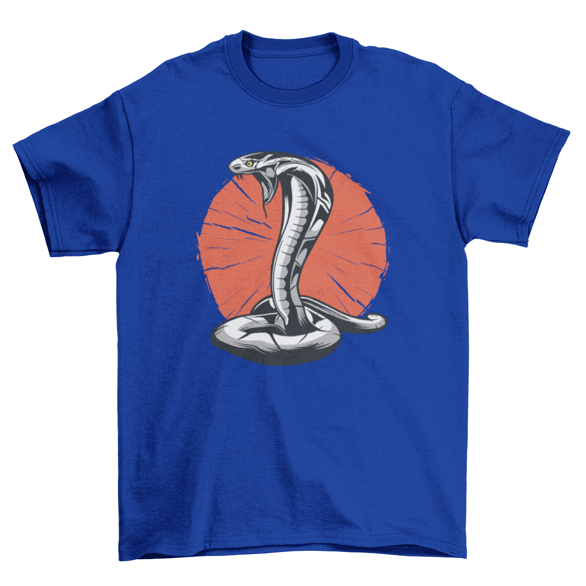 Cobra t-shirt design featuring a black and white cobra on an orange circle background.