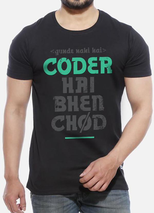 Black half sleeve t-shirt for men featuring a developer-themed design, made from 100% soft cotton for comfort.