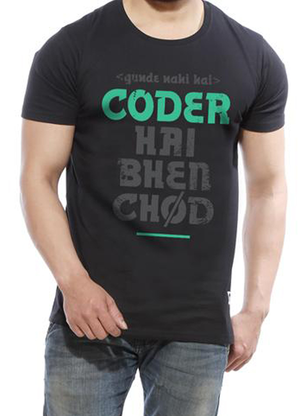 Black half sleeve t-shirt for men featuring a developer-themed design, made from 100% soft cotton for comfort.