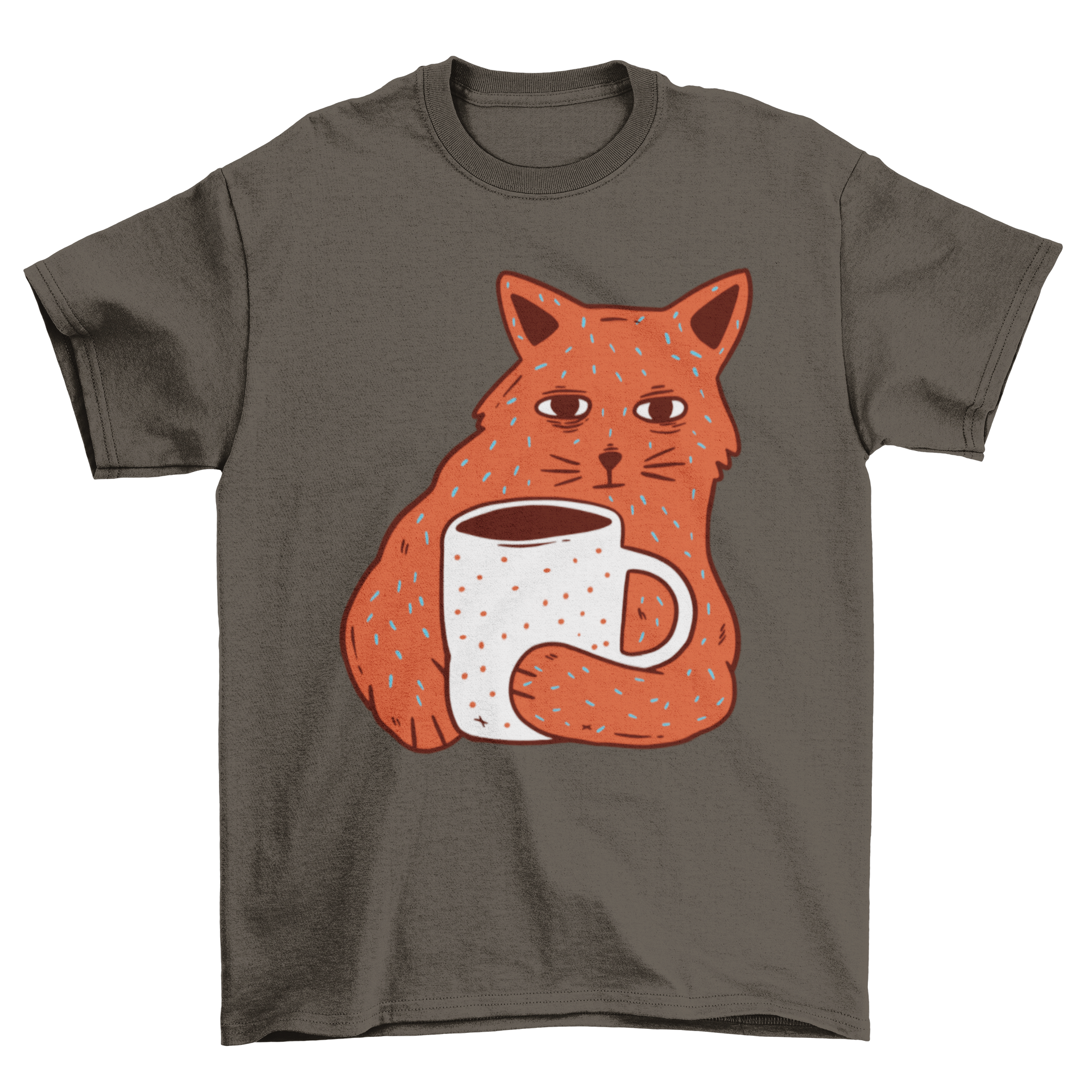 A cute t-shirt featuring a cat holding a coffee cup illustration, perfect for cat lovers.