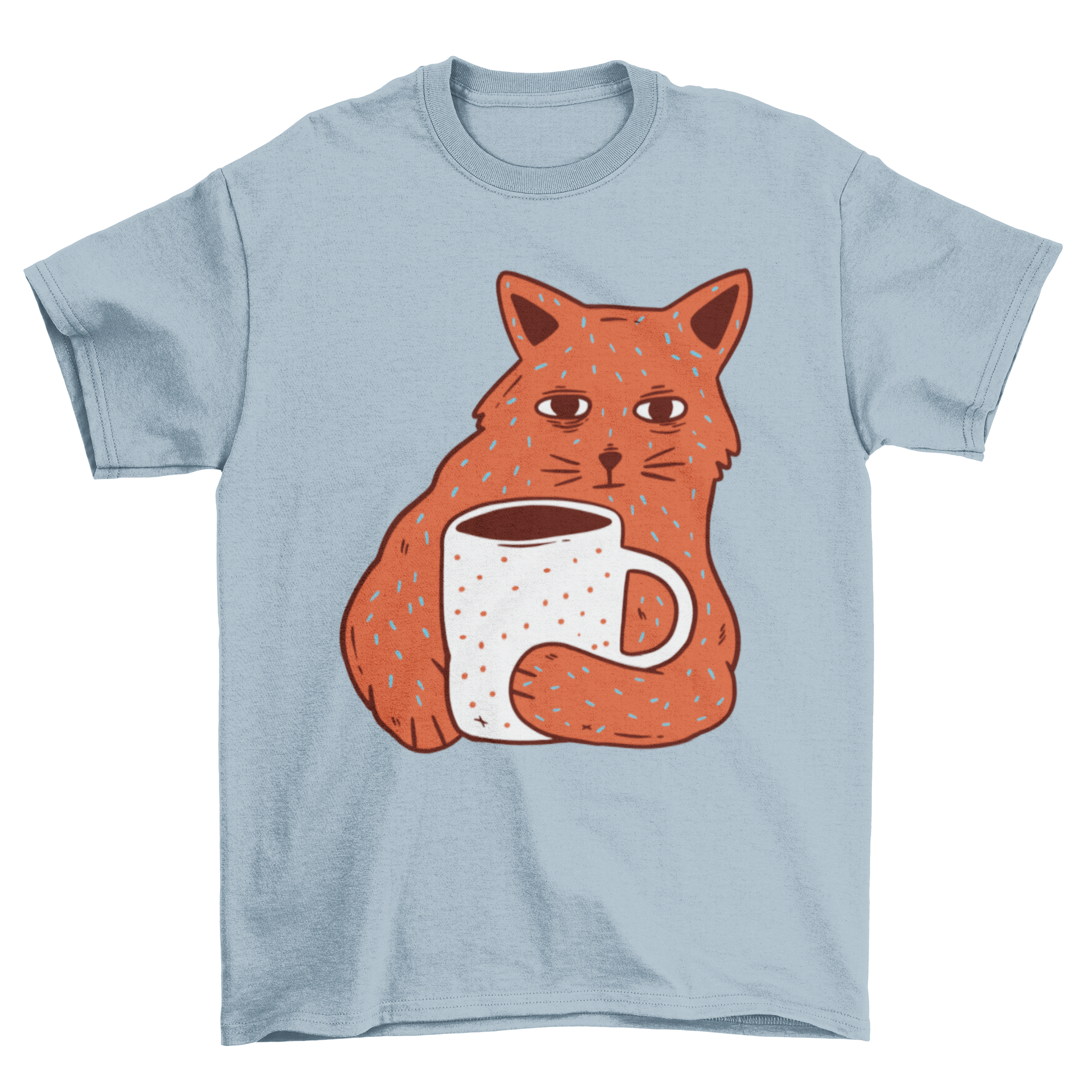 A cute t-shirt featuring a cat holding a coffee cup illustration, perfect for cat lovers.