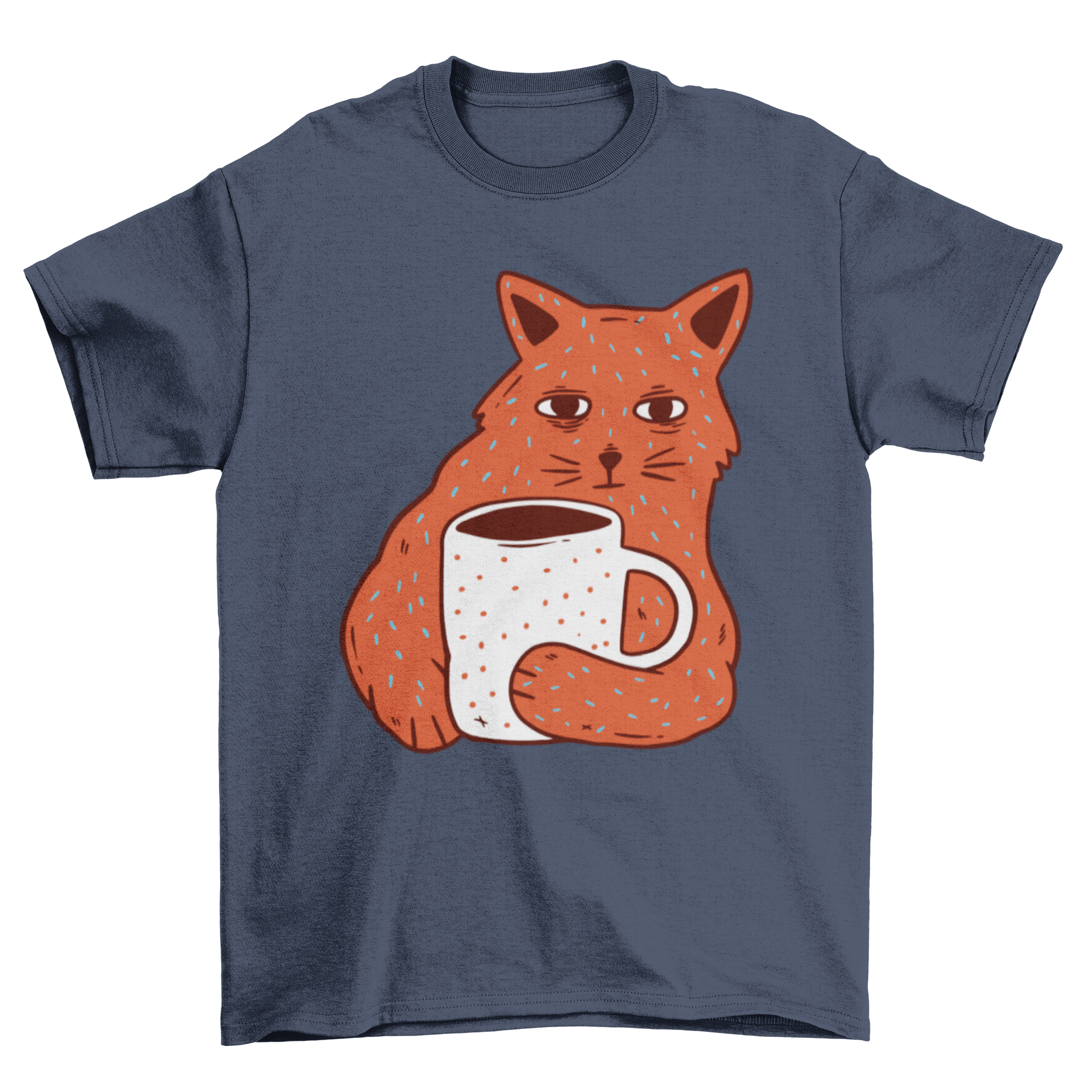 A cute t-shirt featuring a cat holding a coffee cup illustration, perfect for cat lovers.