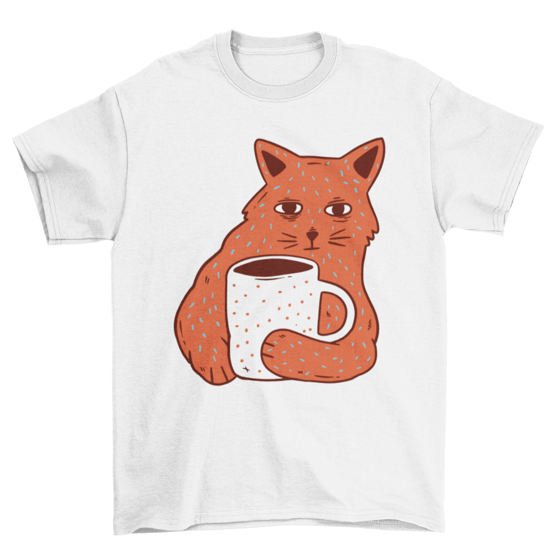 A cute t-shirt featuring a cat holding a coffee cup illustration, perfect for cat lovers.