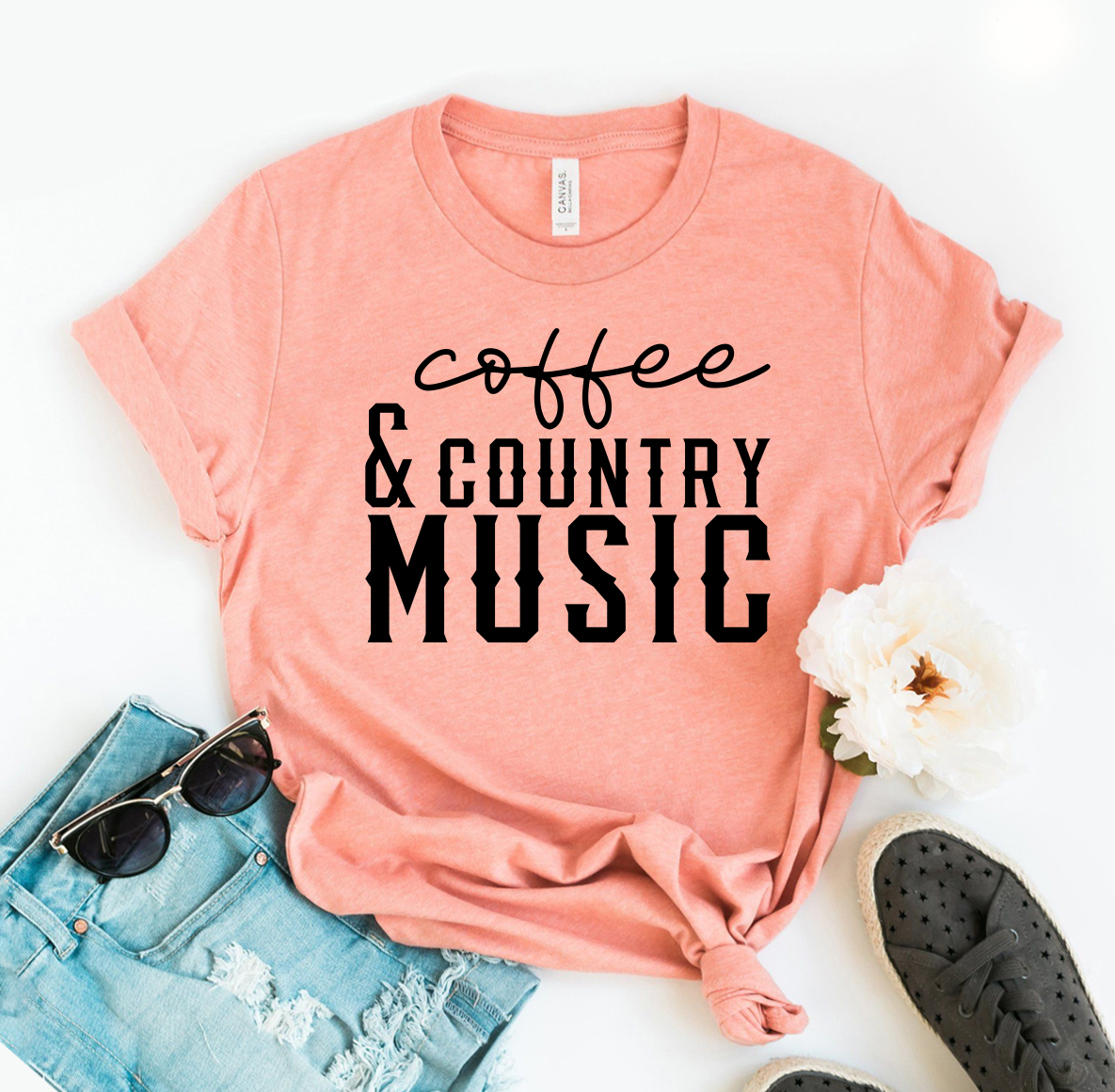 Coffee And Country Music T-shirt made from premium ring spun cotton, featuring a vibrant flex print design.