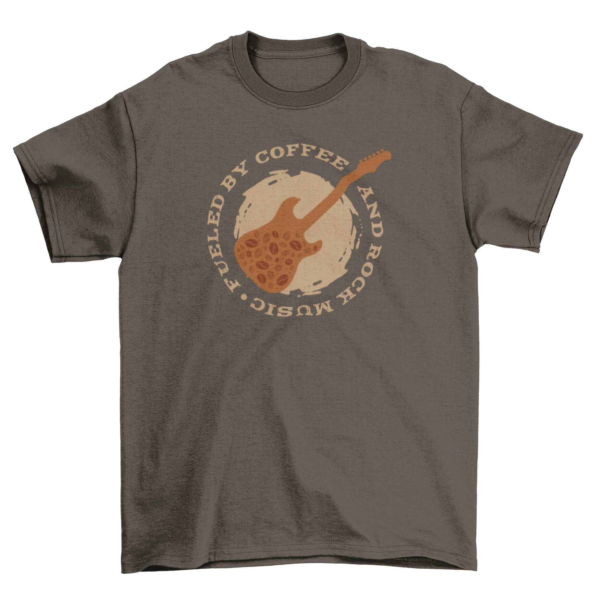 A stylish t-shirt featuring a guitar design made of coffee beans with the quote 'Fueled by coffee and rock music'.