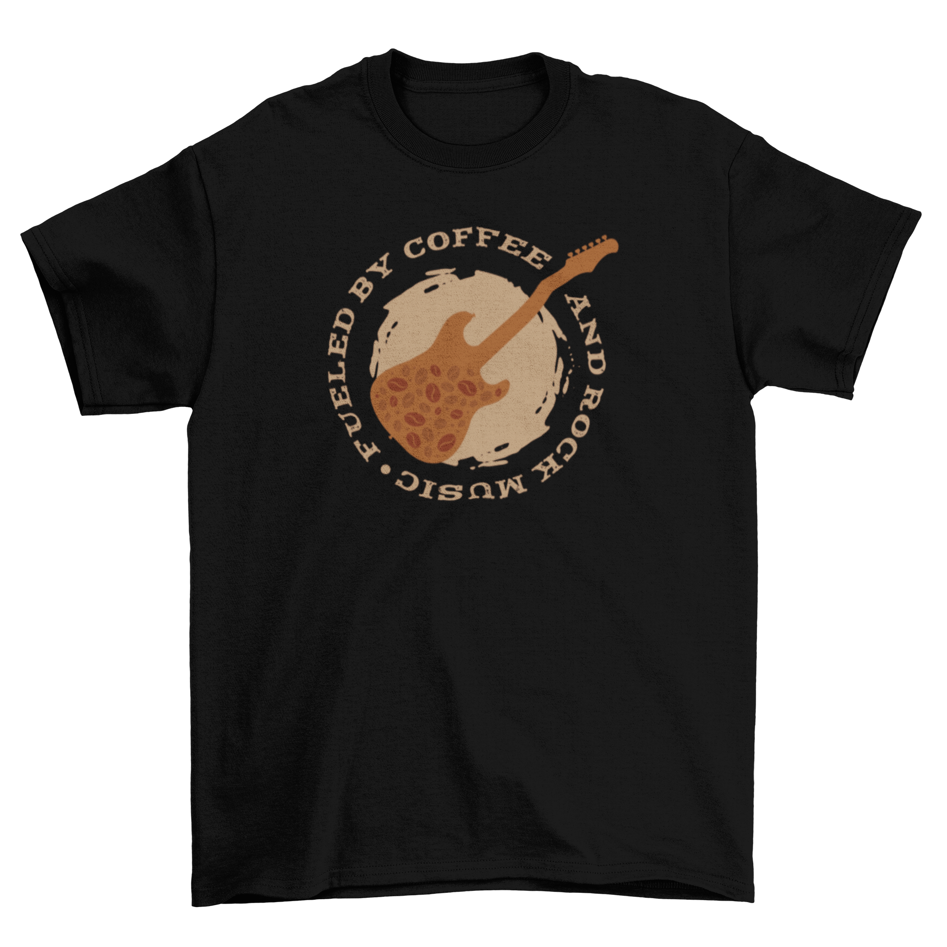 A stylish t-shirt featuring a guitar design made of coffee beans with the quote 'Fueled by coffee and rock music'.