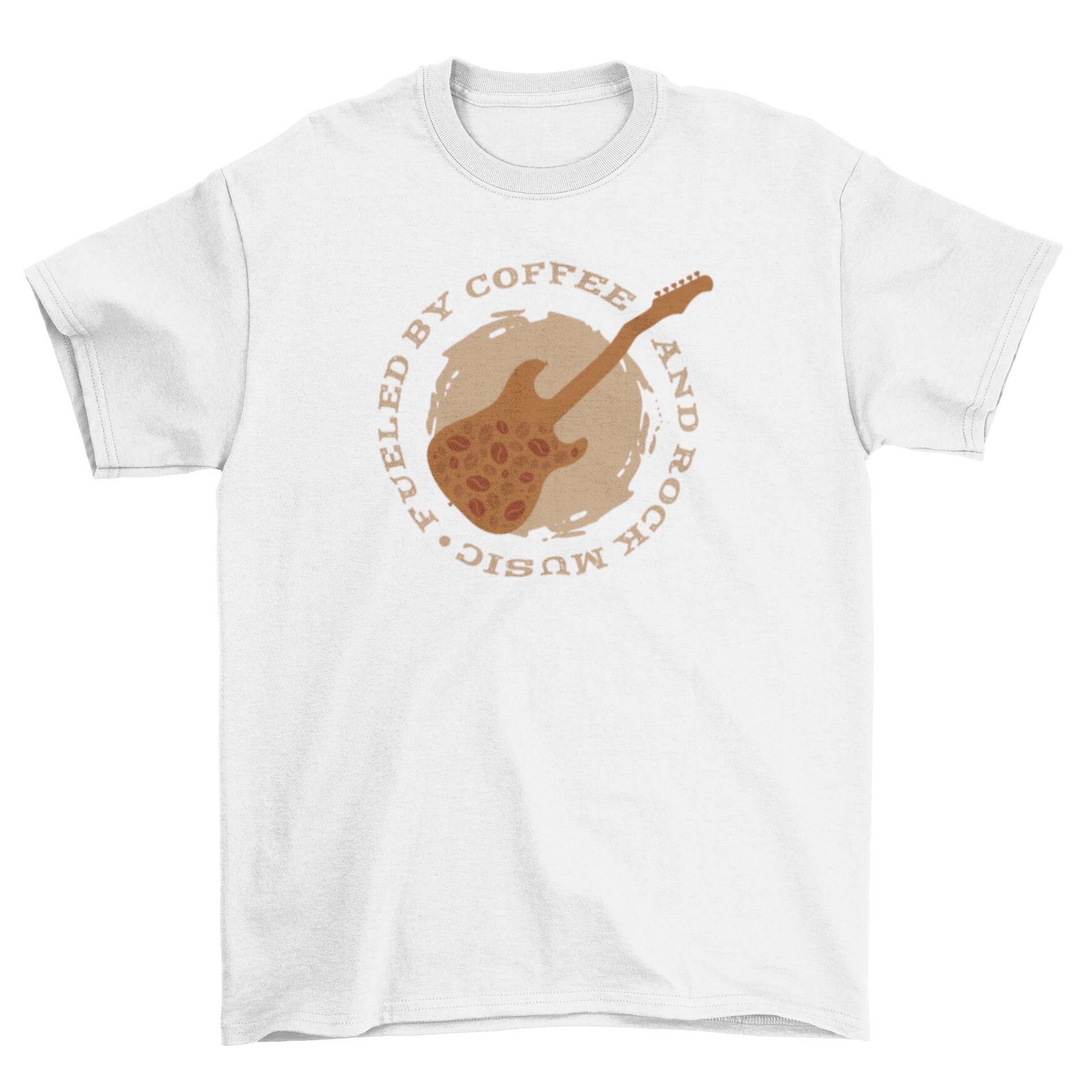 A stylish t-shirt featuring a guitar design made of coffee beans with the quote 'Fueled by coffee and rock music'.