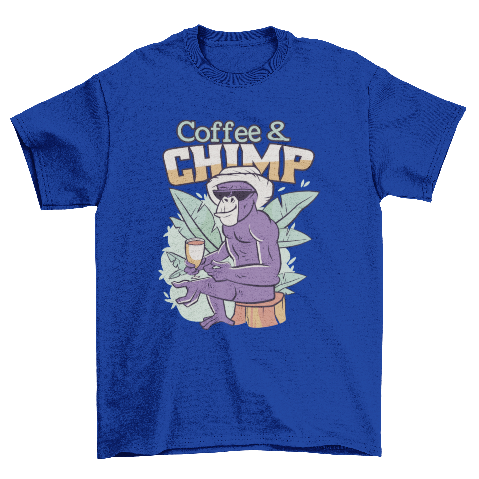 A stylish Coffee & Chimp T-shirt featuring a relaxed monkey graphic and the quote 'Coffee & Chimp'.