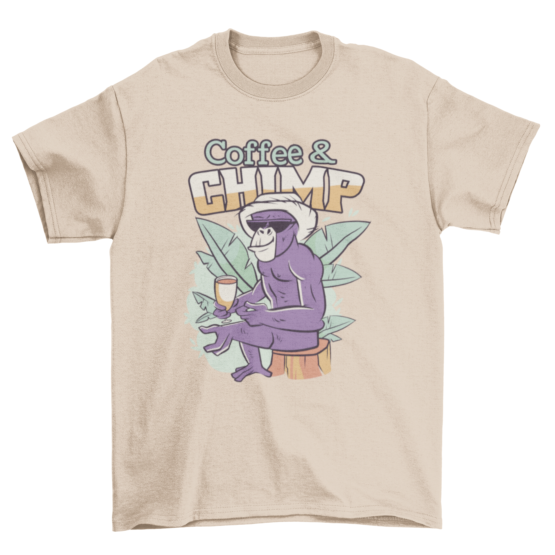 A stylish Coffee & Chimp T-shirt featuring a relaxed monkey graphic and the quote 'Coffee & Chimp'.