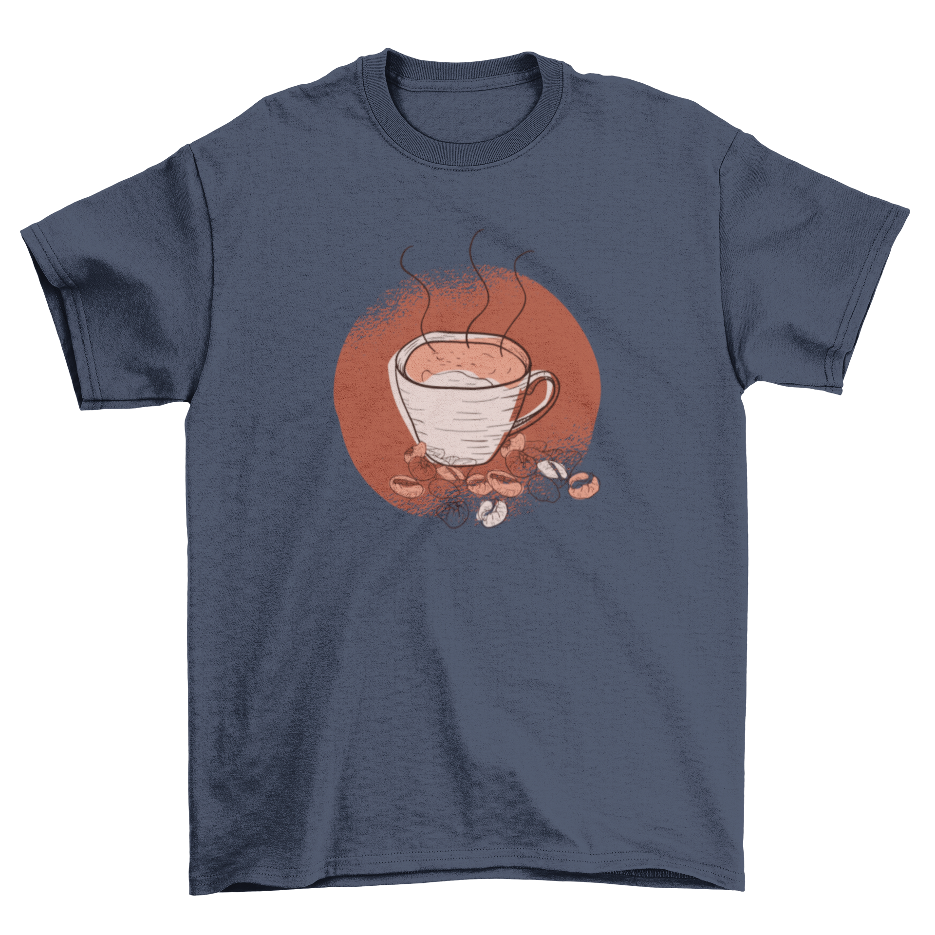 A stylish t-shirt featuring a hot coffee cup and spilled coffee beans on a brown backdrop.