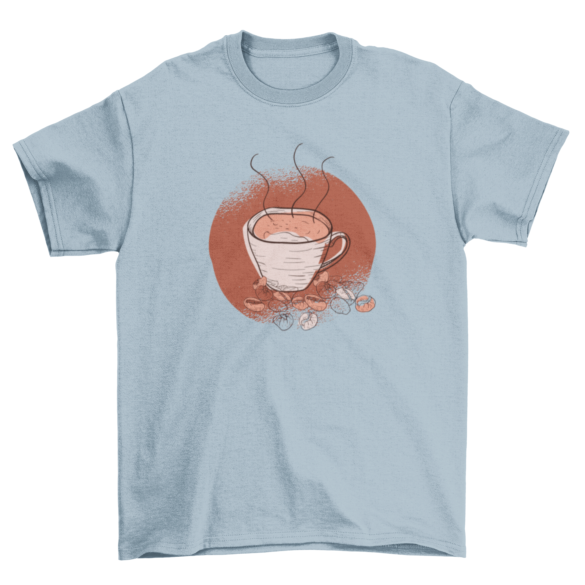 A stylish t-shirt featuring a hot coffee cup and spilled coffee beans on a brown backdrop.