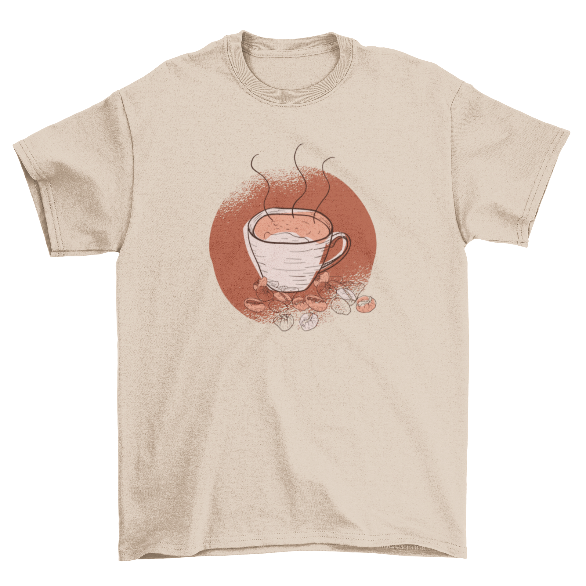 A stylish t-shirt featuring a hot coffee cup and spilled coffee beans on a brown backdrop.