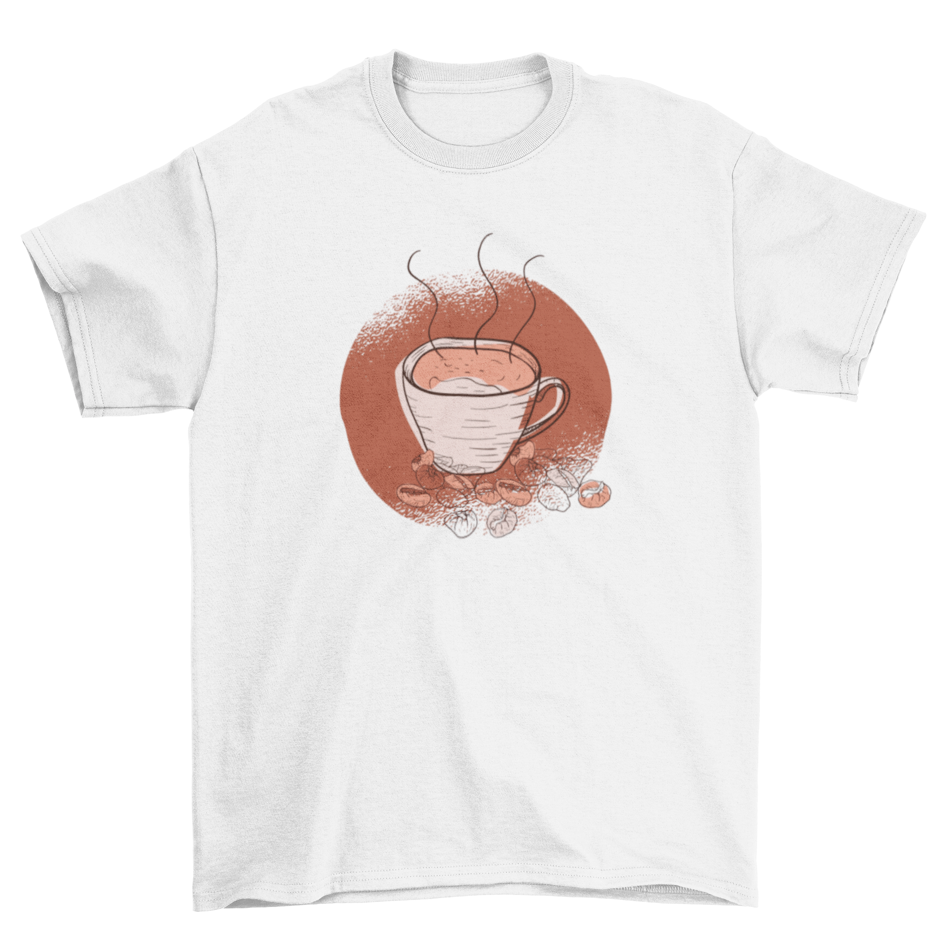 A stylish t-shirt featuring a hot coffee cup and spilled coffee beans on a brown backdrop.