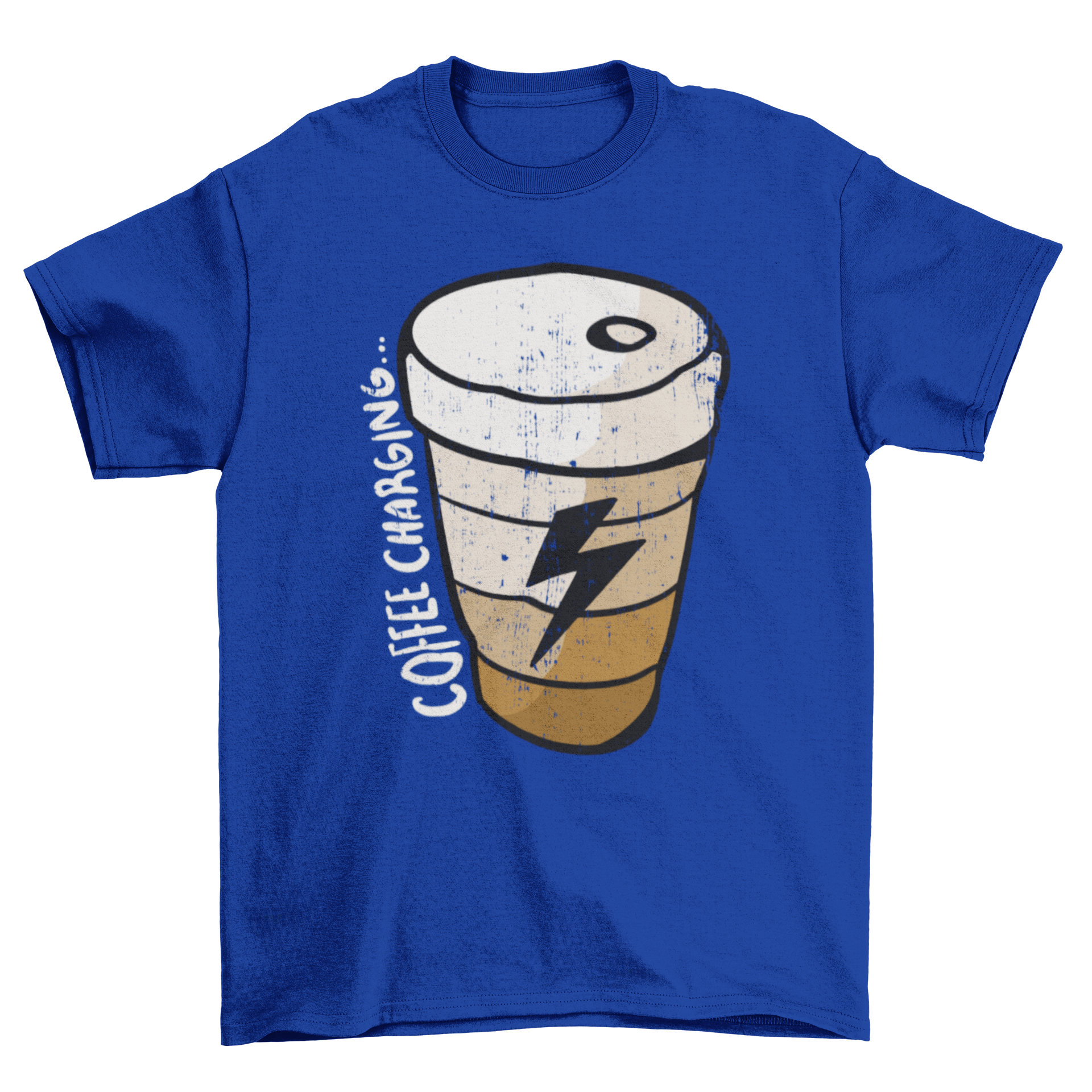 A stylish t-shirt featuring a coffee cup and lightning bolt design with the quote 'Coffee charging'.