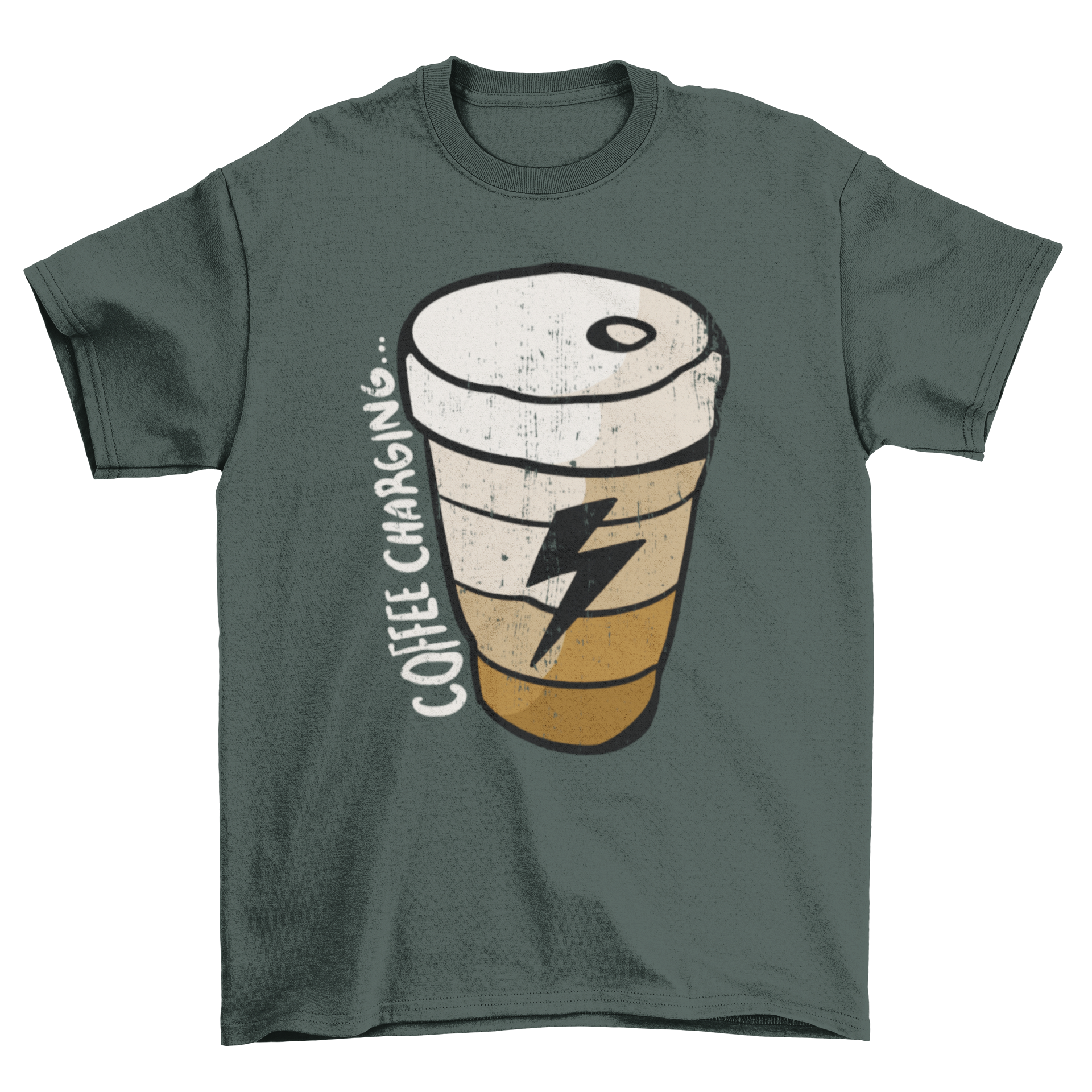 A stylish t-shirt featuring a coffee cup and lightning bolt design with the quote 'Coffee charging'.