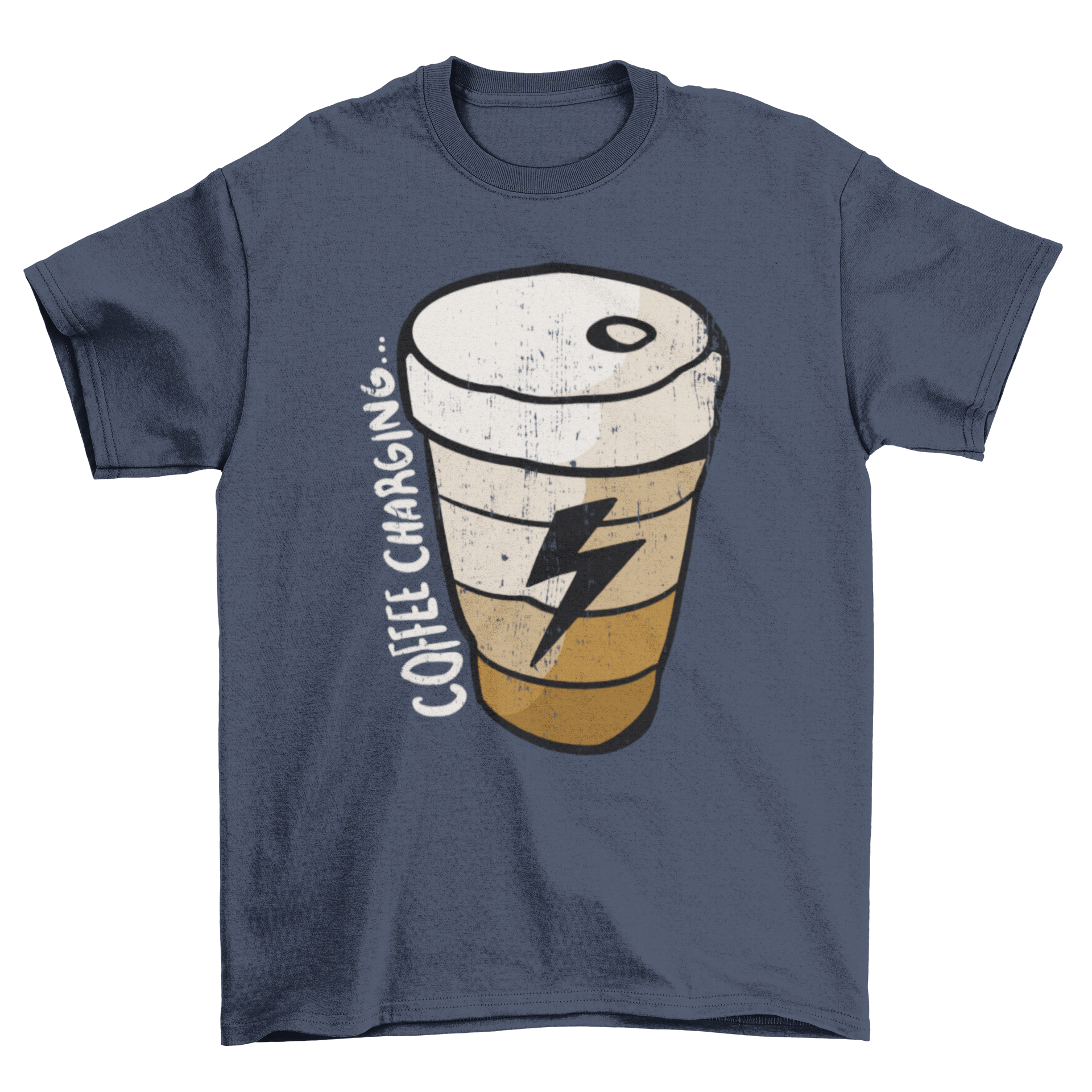 A stylish t-shirt featuring a coffee cup and lightning bolt design with the quote 'Coffee charging'.