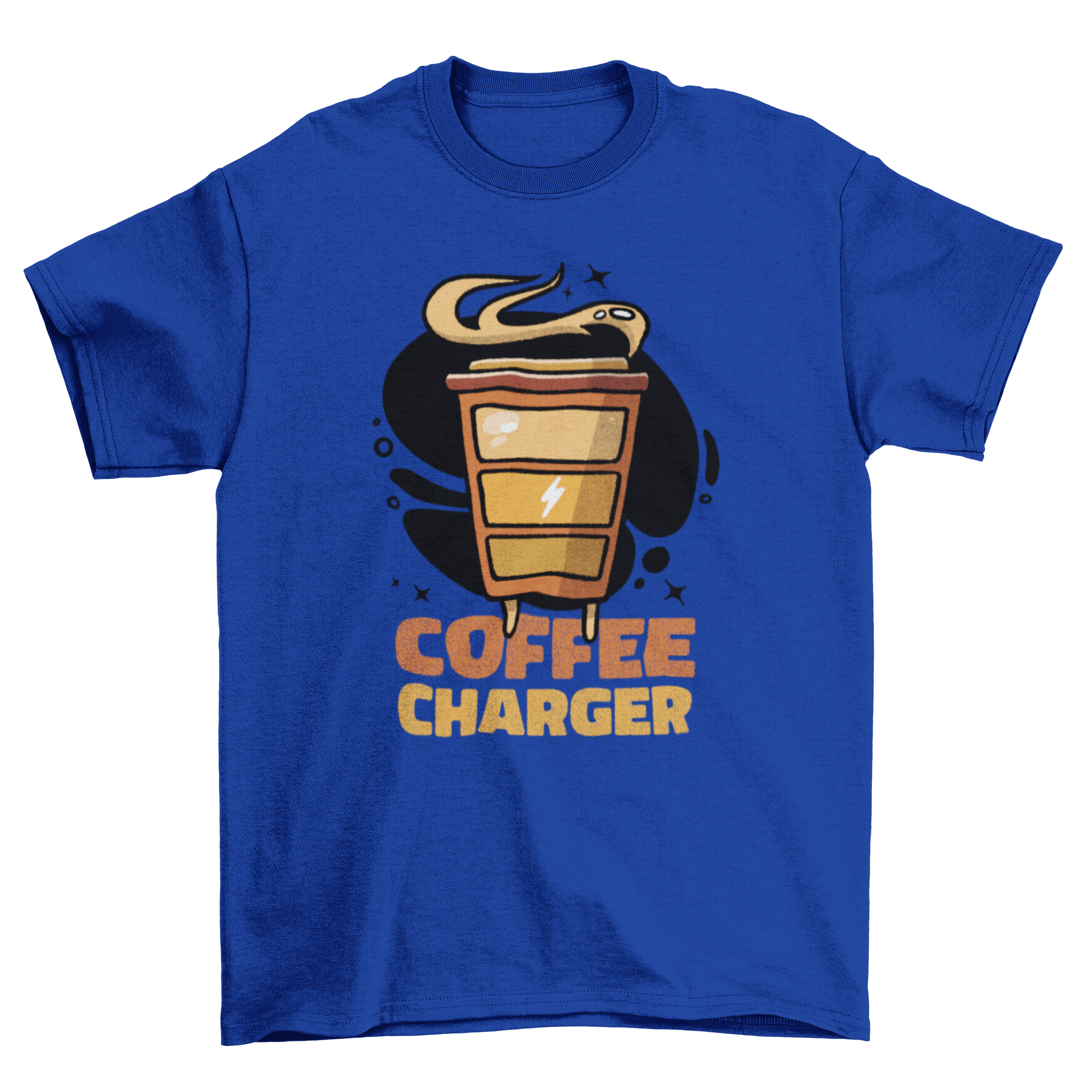 A stylish t-shirt featuring a coffee cup design and the quote 'Coffee charger', perfect for coffee lovers.