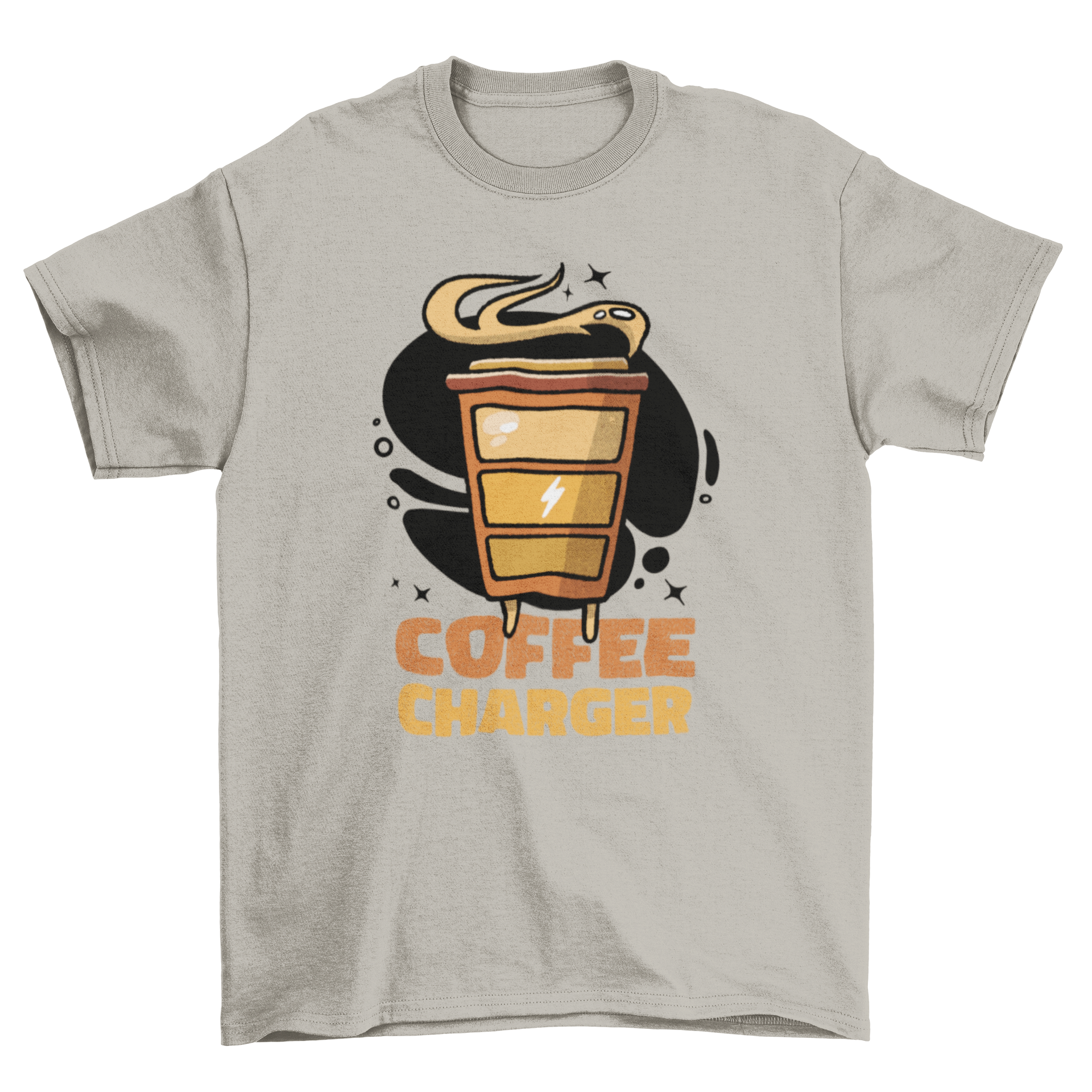 A stylish t-shirt featuring a coffee cup design and the quote 'Coffee charger', perfect for coffee lovers.