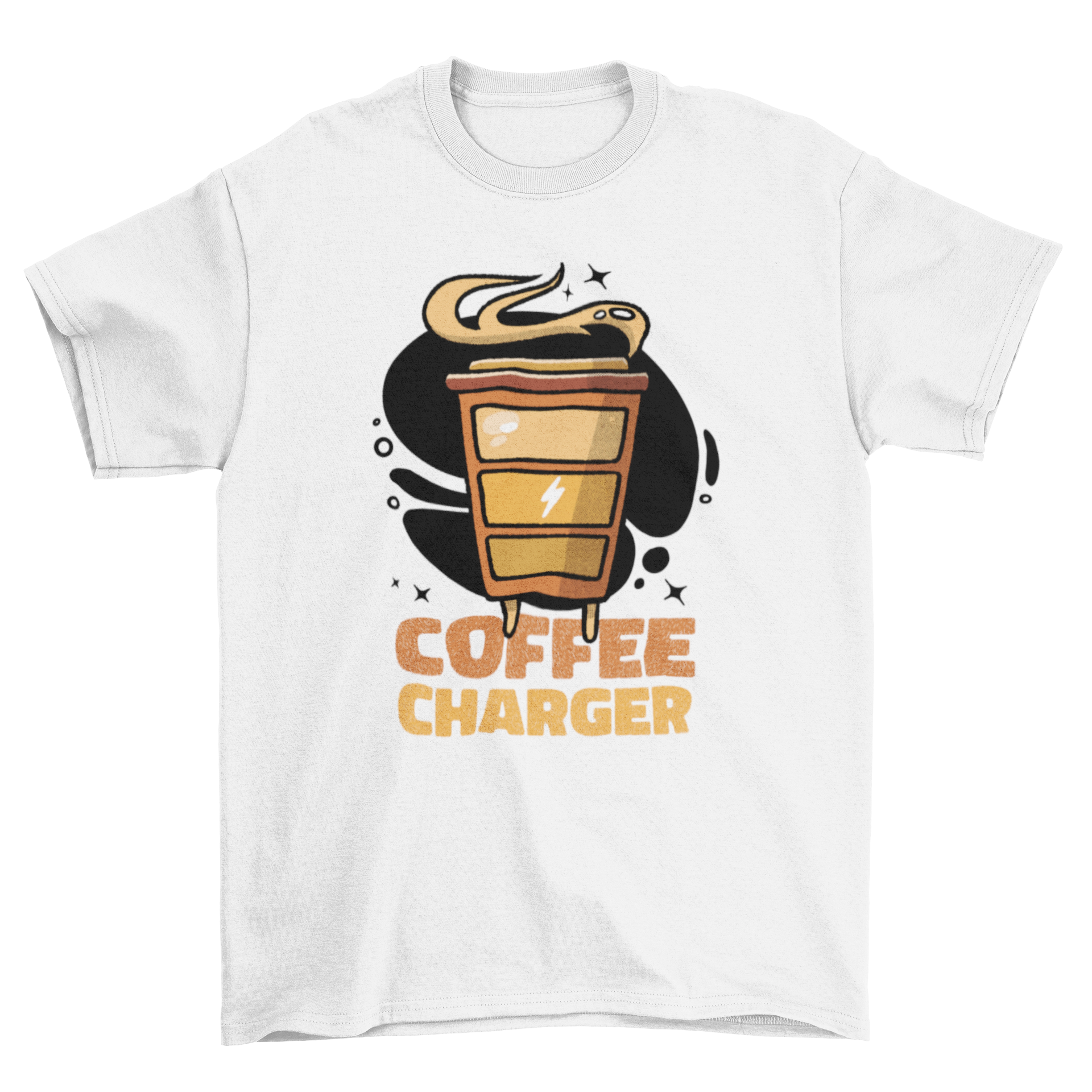 A stylish t-shirt featuring a coffee cup design and the quote 'Coffee charger', perfect for coffee lovers.