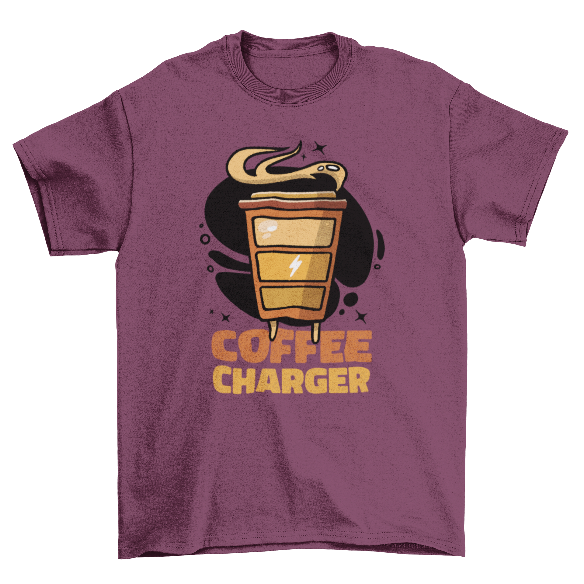 A stylish t-shirt featuring a coffee cup design and the quote 'Coffee charger', perfect for coffee lovers.