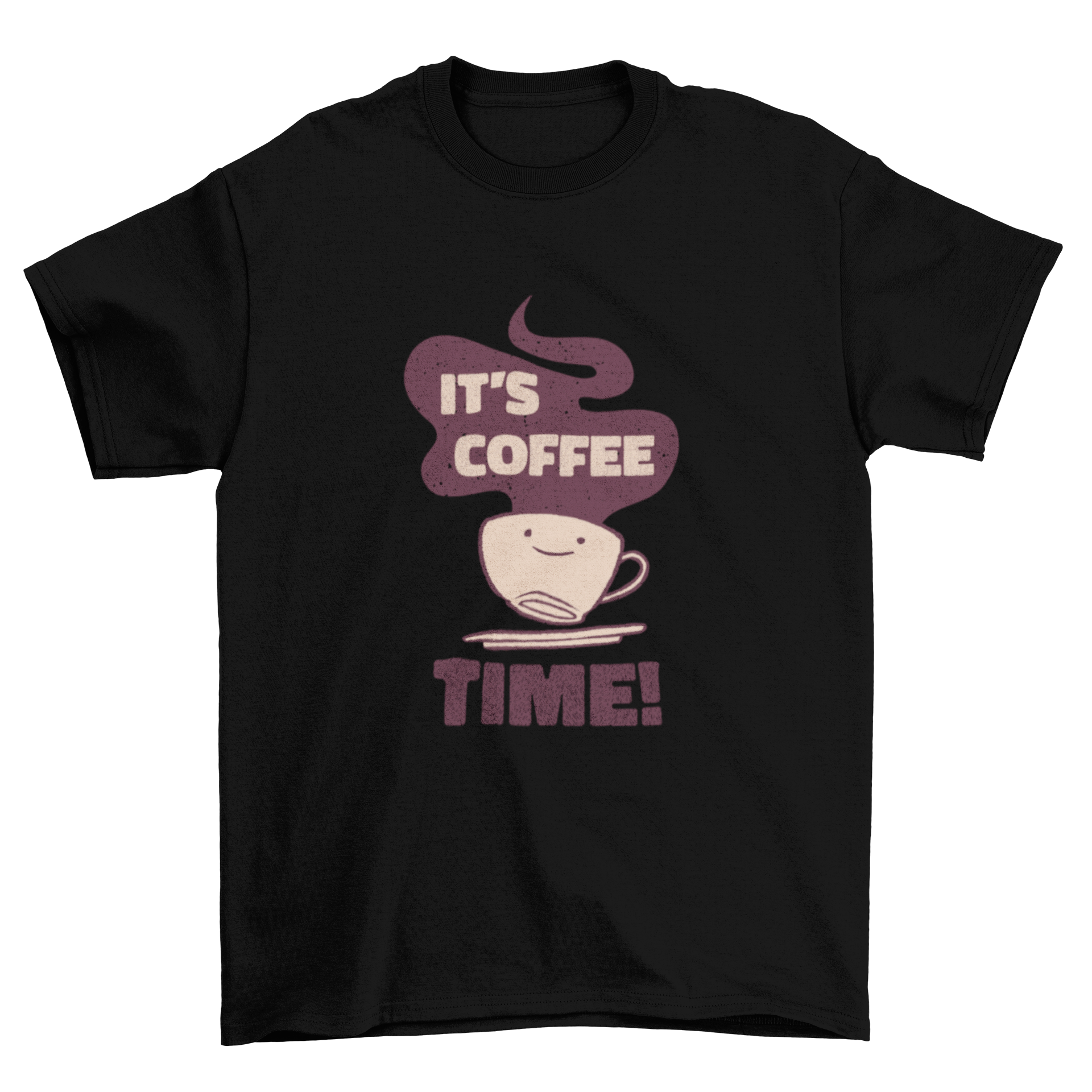 A stylish t-shirt featuring a cute coffee cup design with the quote 'It's coffee time!' printed on it.