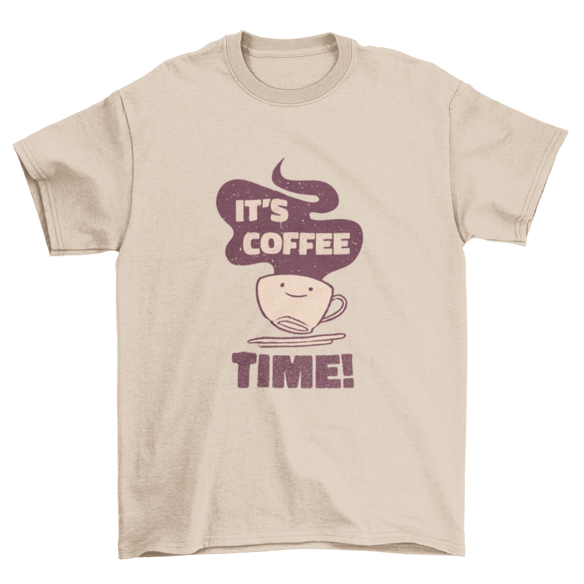 A stylish t-shirt featuring a cute coffee cup design with the quote 'It's coffee time!' printed on it.