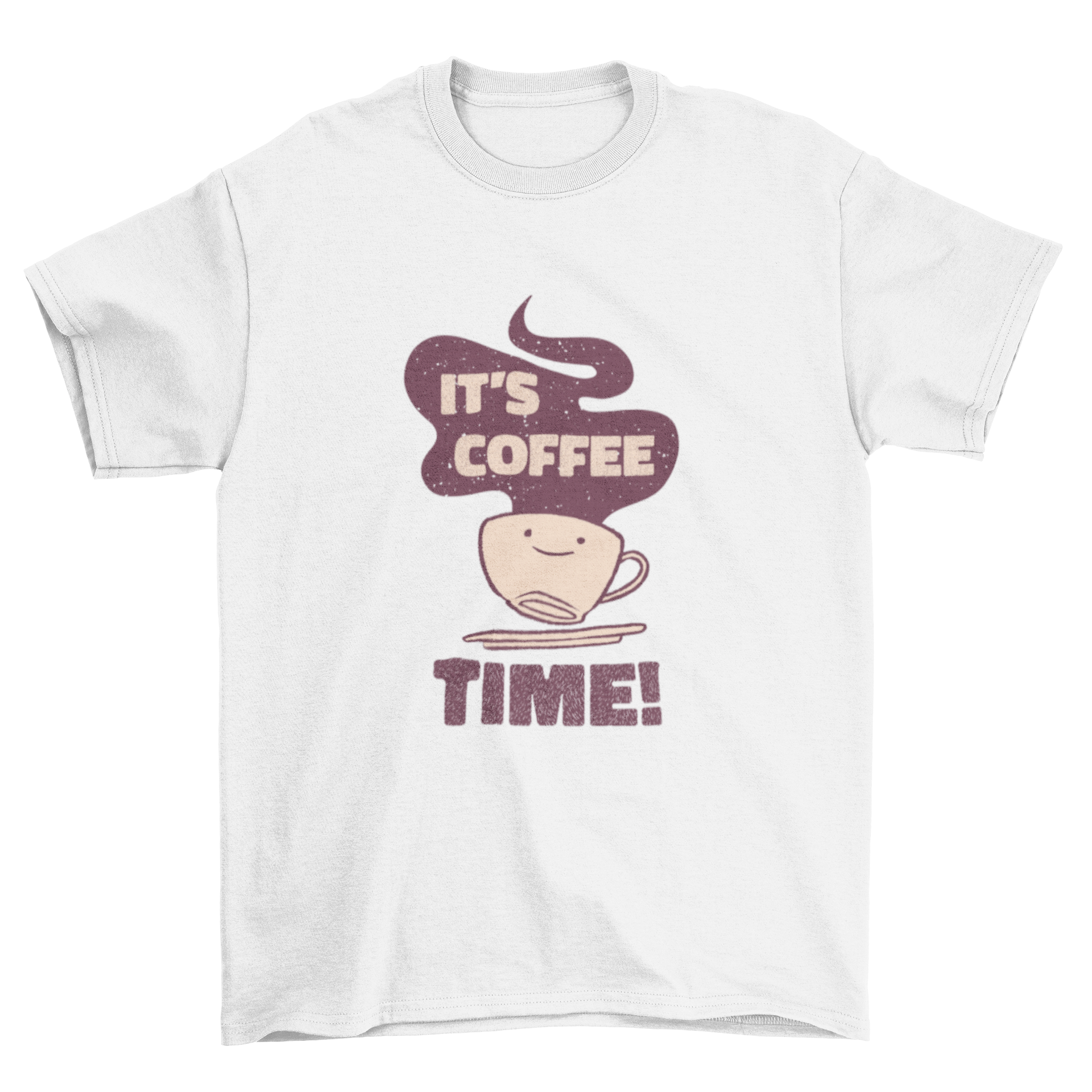 A stylish t-shirt featuring a cute coffee cup design with the quote 'It's coffee time!' printed on it.