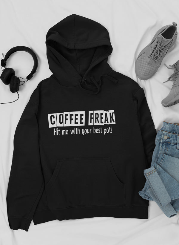 A cozy Coffee Freak Hoodie featuring unique coffee-themed designs, perfect for coffee lovers.