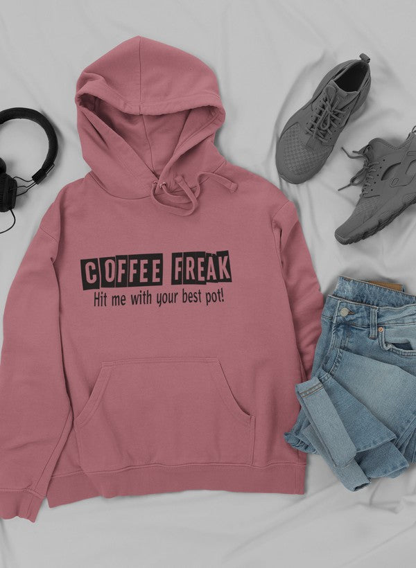 A cozy Coffee Freak Hoodie featuring unique coffee-themed designs, perfect for coffee lovers.