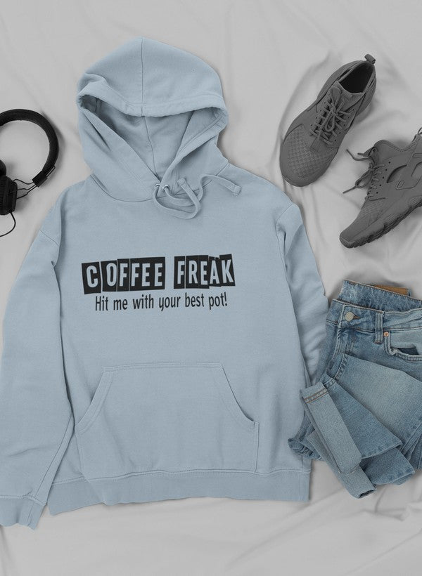 A cozy Coffee Freak Hoodie featuring unique coffee-themed designs, perfect for coffee lovers.