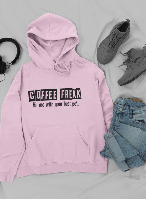 A cozy Coffee Freak Hoodie featuring unique coffee-themed designs, perfect for coffee lovers.