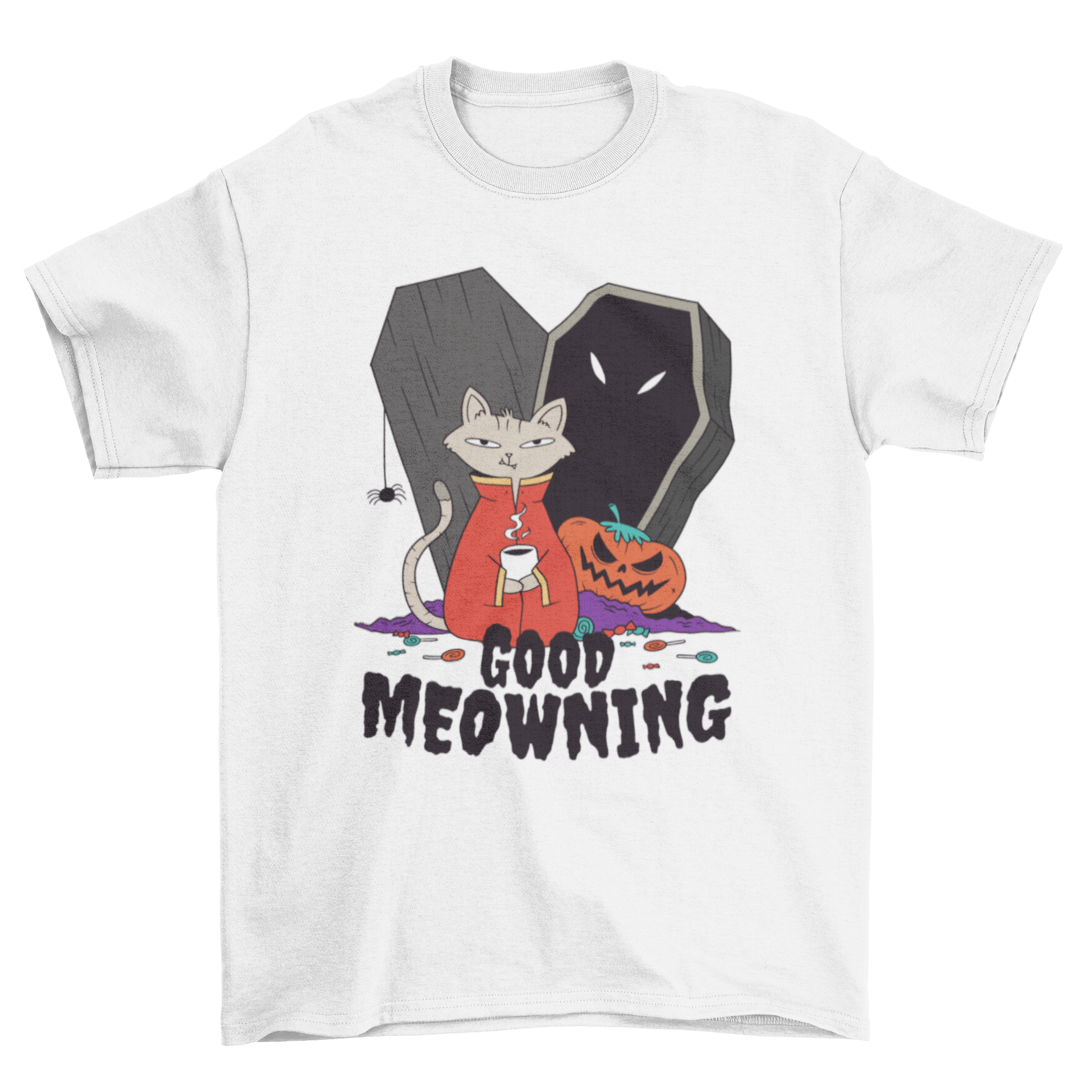 A playful Halloween-themed t-shirt featuring a cartoon cat drinking coffee with the text 'GOOD MEOWNING'.