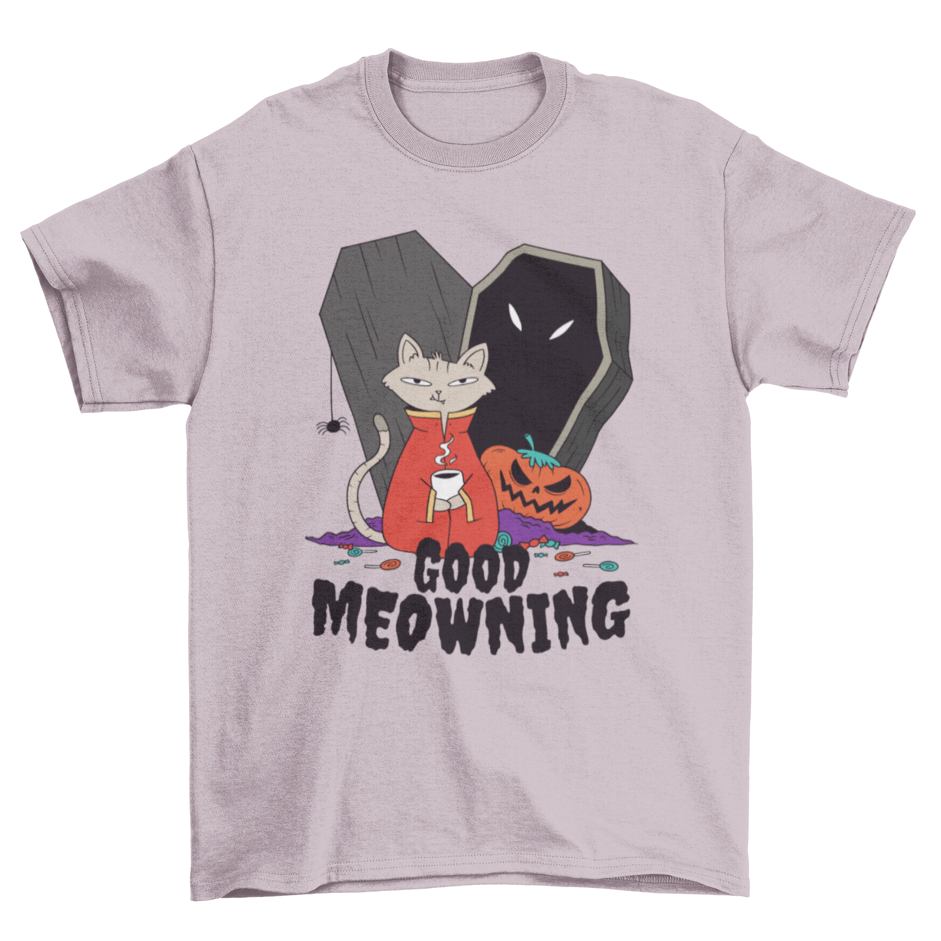 A playful Halloween-themed t-shirt featuring a cartoon cat drinking coffee with the text 'GOOD MEOWNING'.