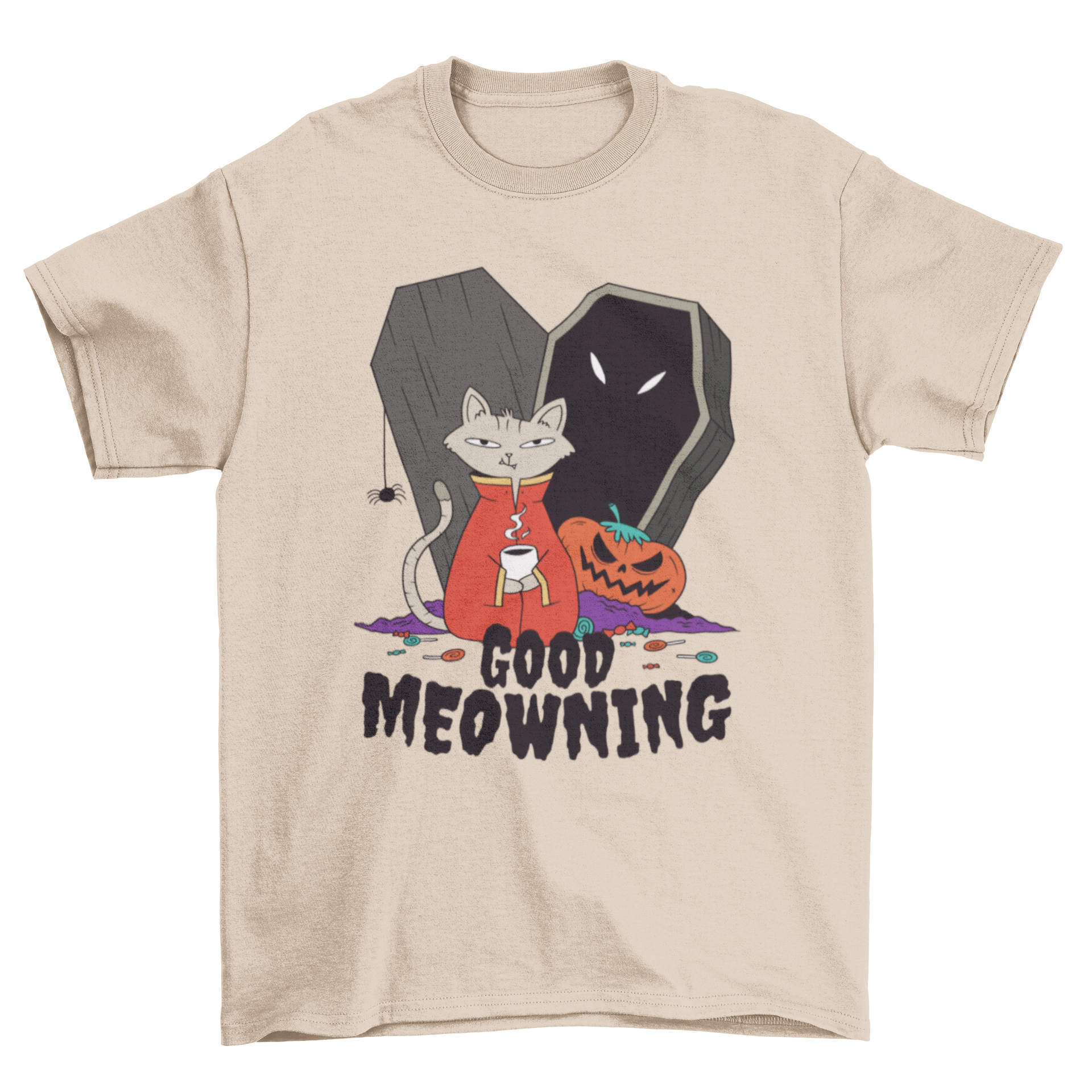 A playful Halloween-themed t-shirt featuring a cartoon cat drinking coffee with the text 'GOOD MEOWNING'.