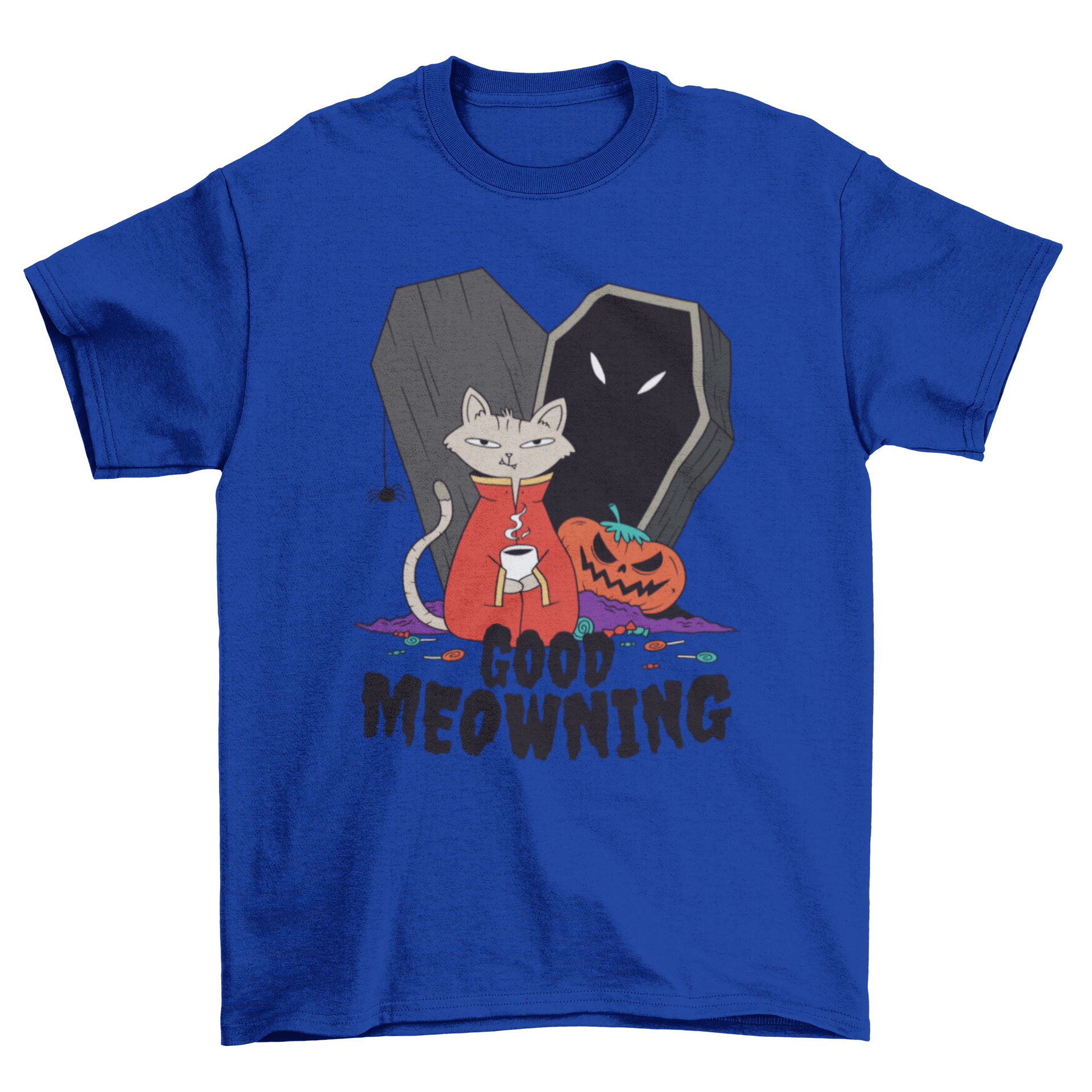 A playful Halloween-themed t-shirt featuring a cartoon cat drinking coffee with the text 'GOOD MEOWNING'.