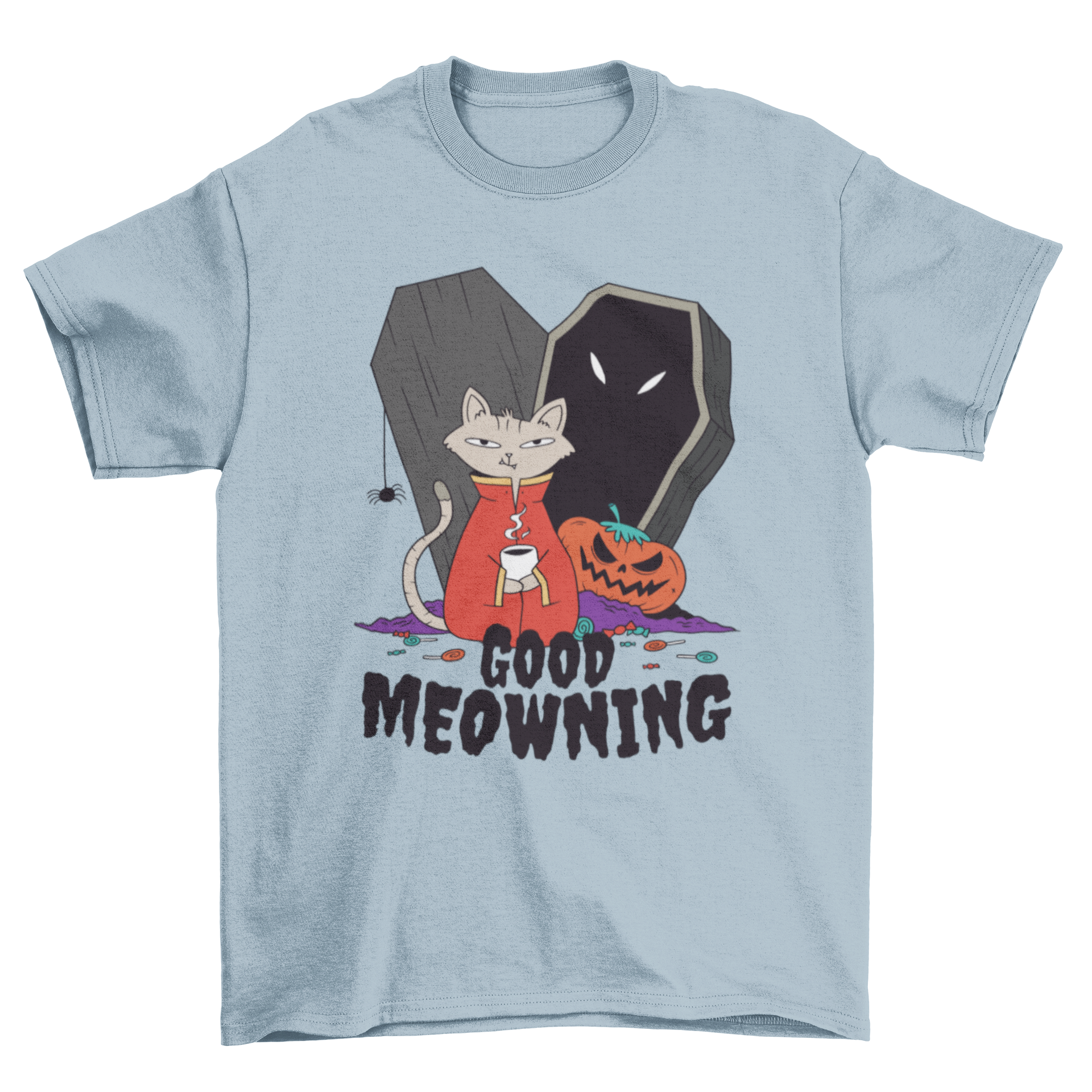 A playful Halloween-themed t-shirt featuring a cartoon cat drinking coffee with the text 'GOOD MEOWNING'.