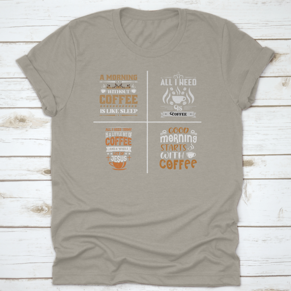 A collection of coffee-themed typographic quotes designs on cotton fabric, showcasing various lettering styles and colors.