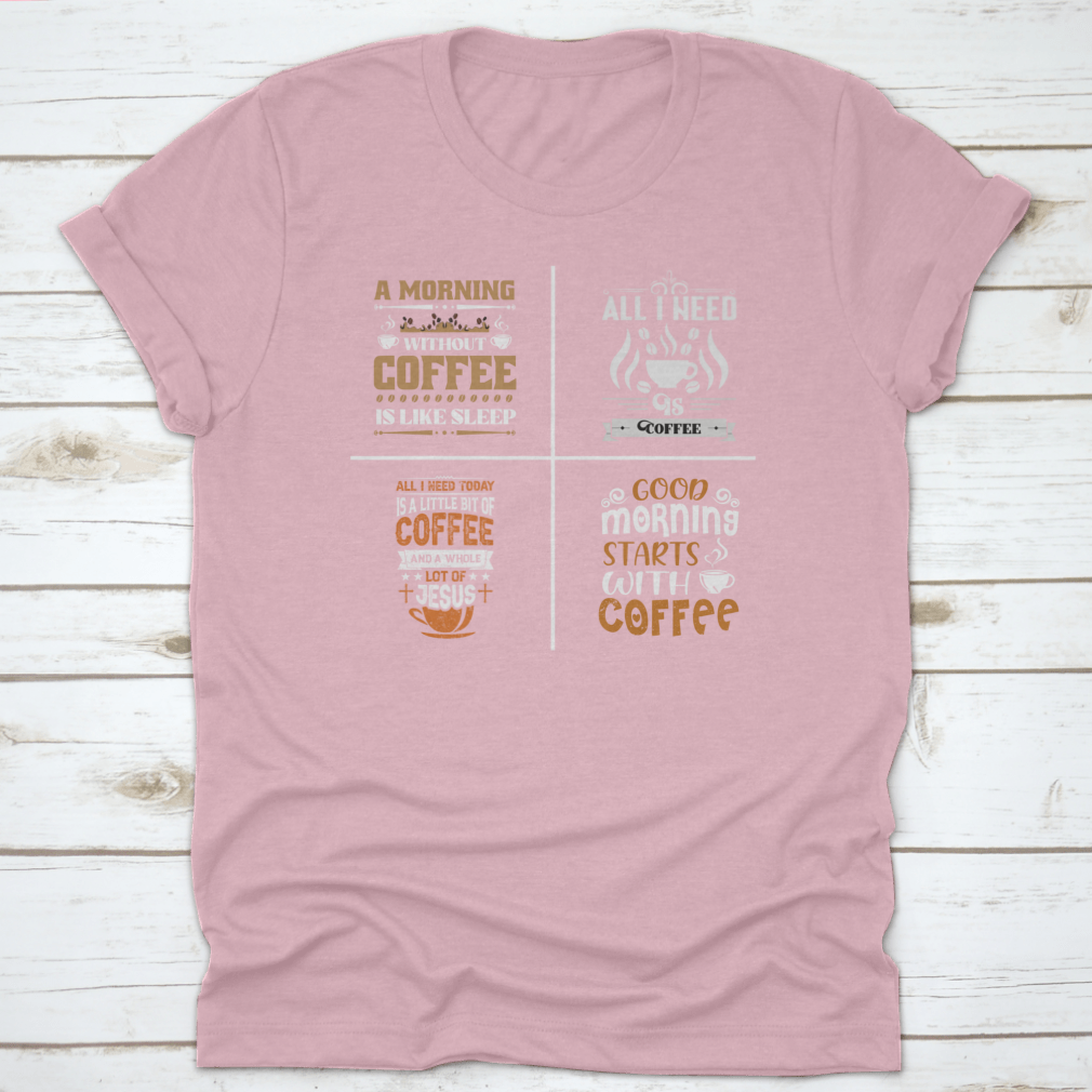 A collection of coffee-themed typographic quotes designs on cotton fabric, showcasing various lettering styles and colors.