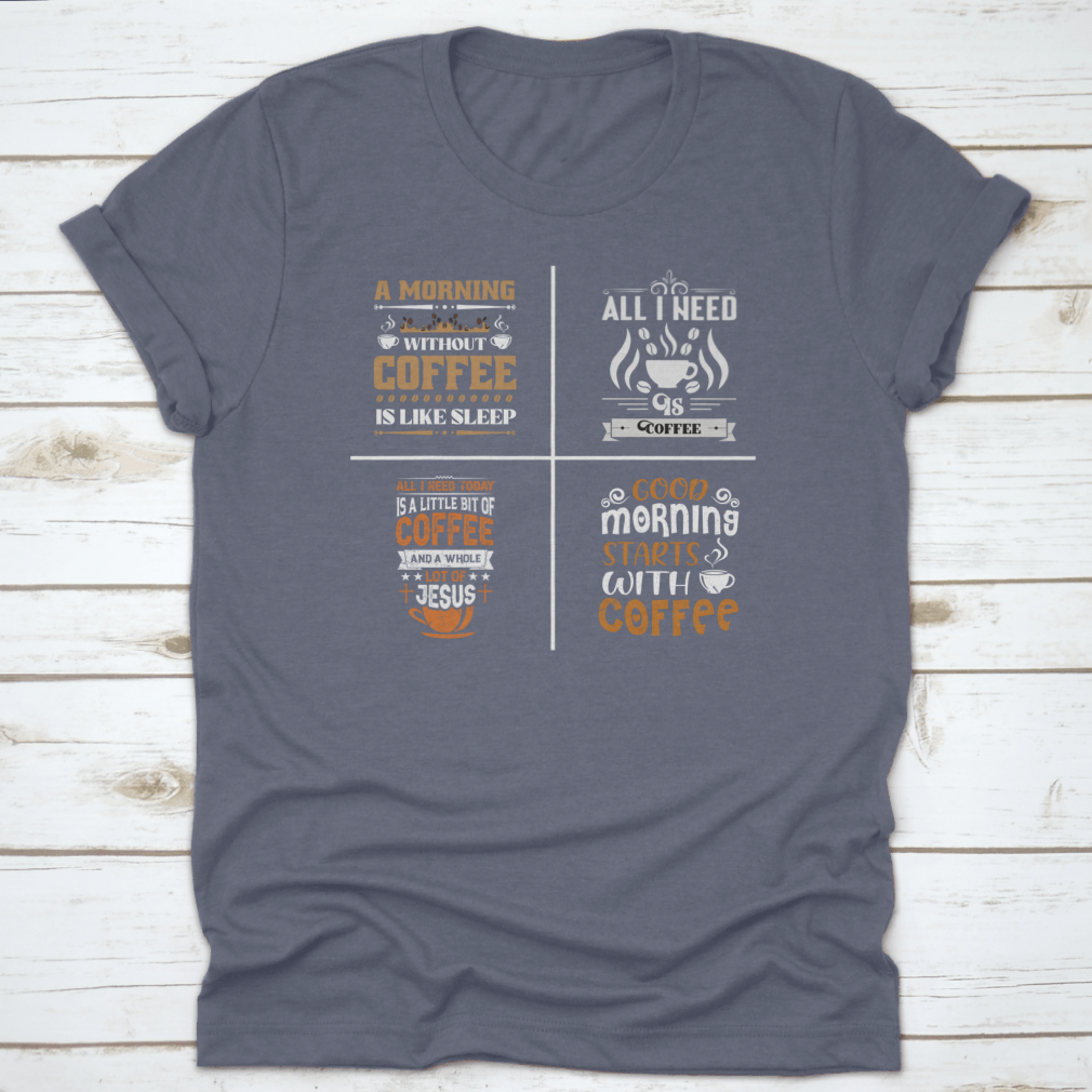 A collection of coffee-themed typographic quotes designs on cotton fabric, showcasing various lettering styles and colors.