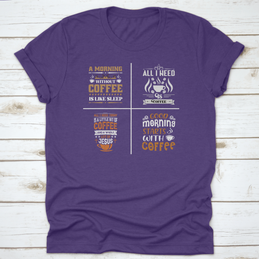 A collection of coffee-themed typographic quotes designs on cotton fabric, showcasing various lettering styles and colors.