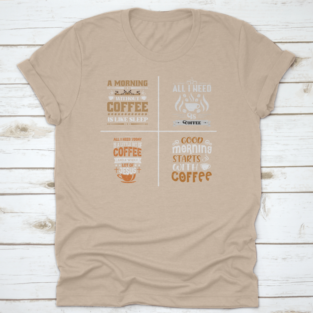 A collection of coffee-themed typographic quotes designs on cotton fabric, showcasing various lettering styles and colors.