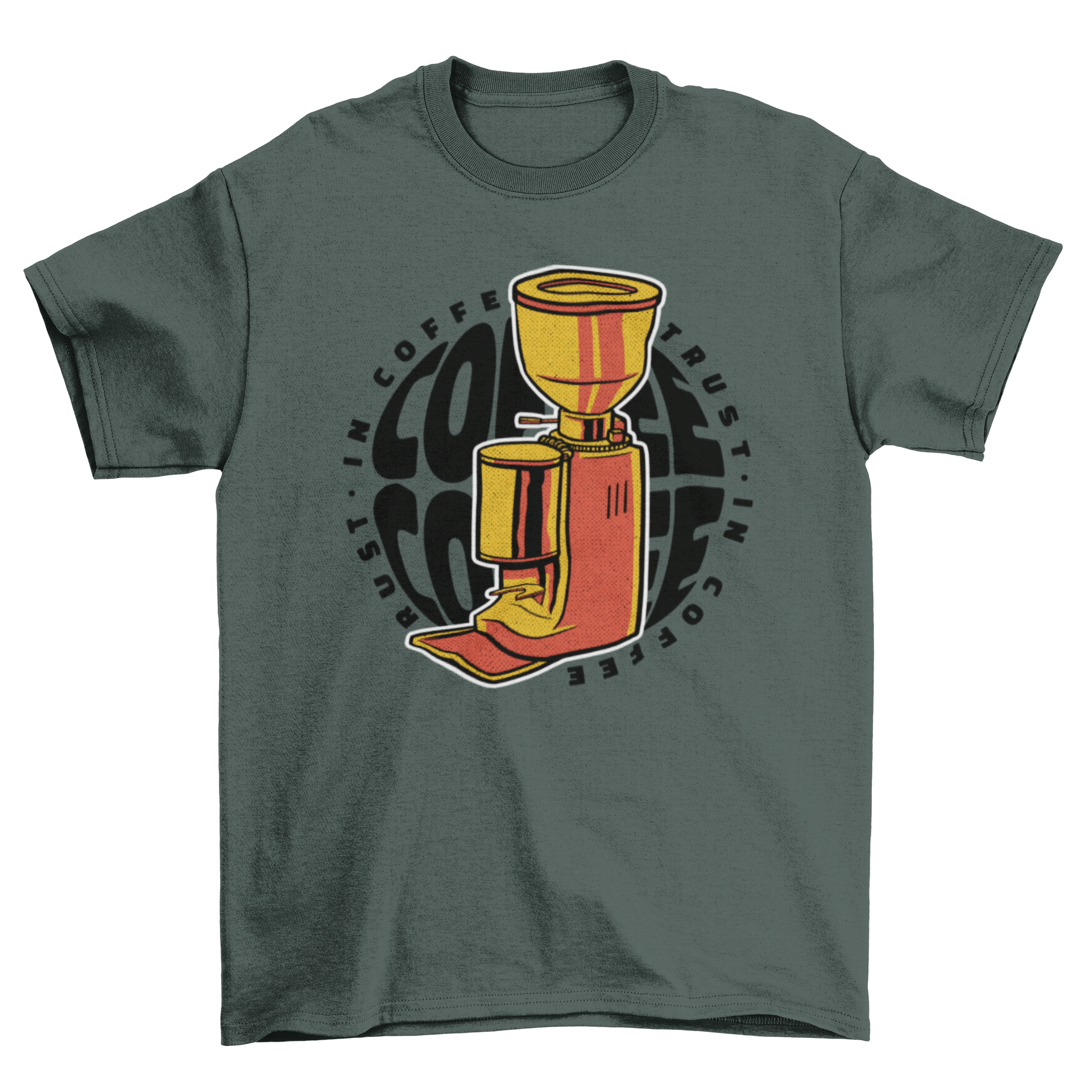 A stylish t-shirt featuring a coffee machine design and the quote 'In coffee we trust' repeated twice, perfect for coffee lovers.