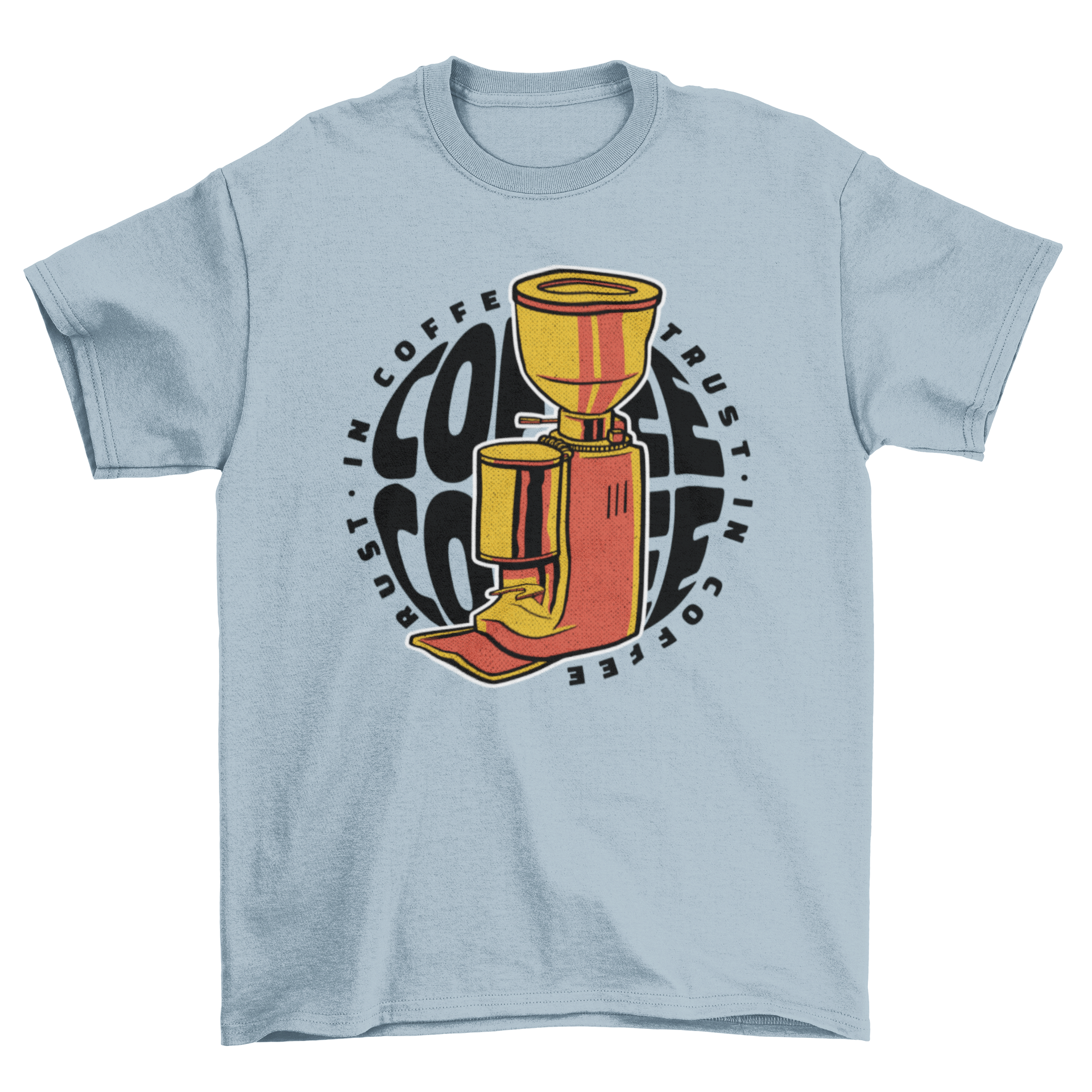 A stylish t-shirt featuring a coffee machine design and the quote 'In coffee we trust' repeated twice, perfect for coffee lovers.