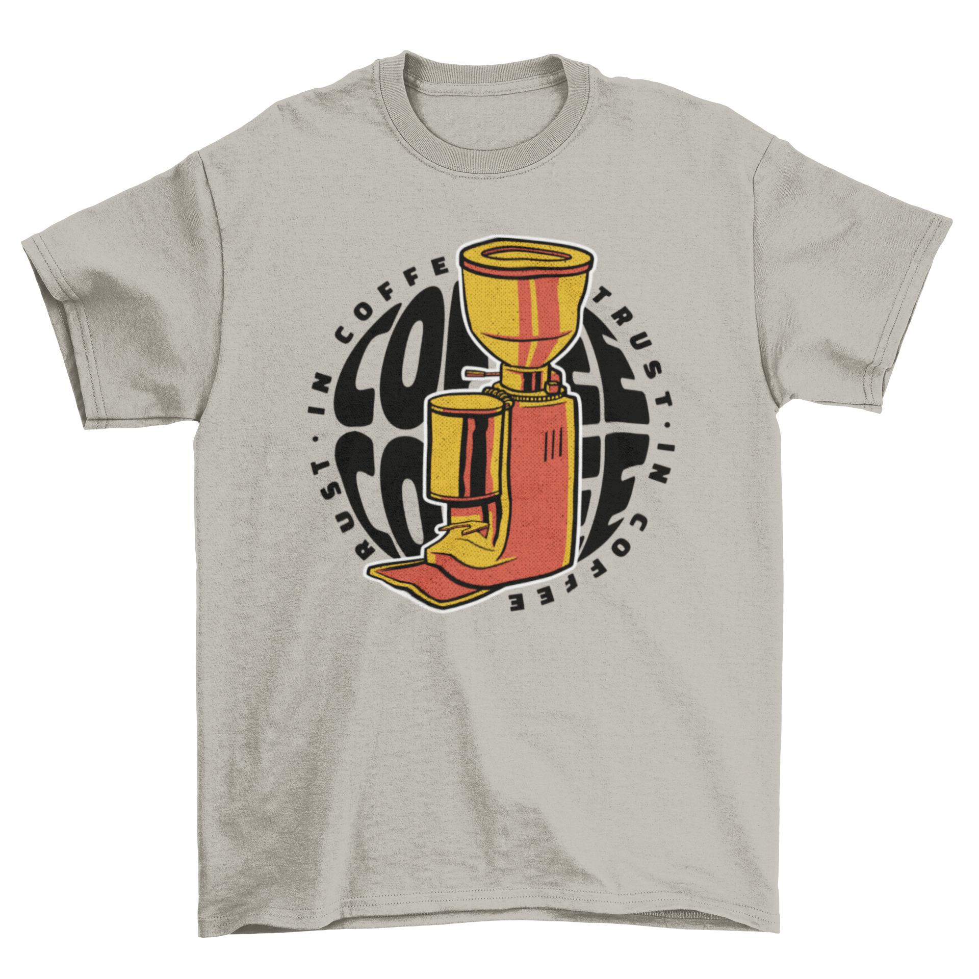 A stylish t-shirt featuring a coffee machine design and the quote 'In coffee we trust' repeated twice, perfect for coffee lovers.