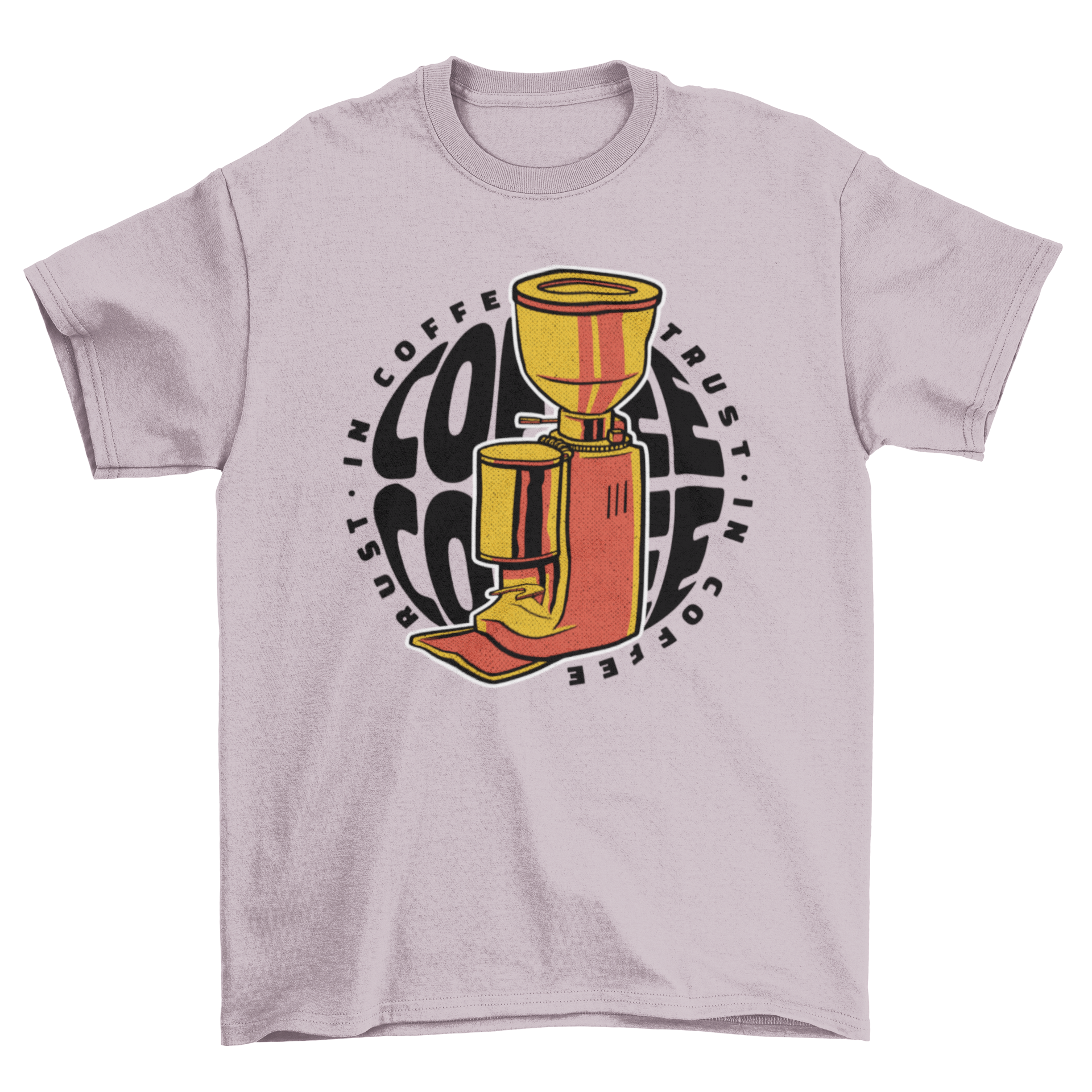 A stylish t-shirt featuring a coffee machine design and the quote 'In coffee we trust' repeated twice, perfect for coffee lovers.