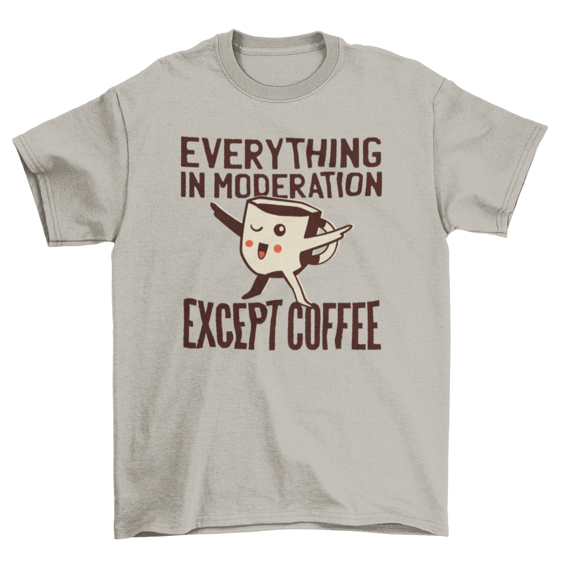 Kawaii t-shirt featuring a cute coffee cup illustration with a humorous quote about coffee.