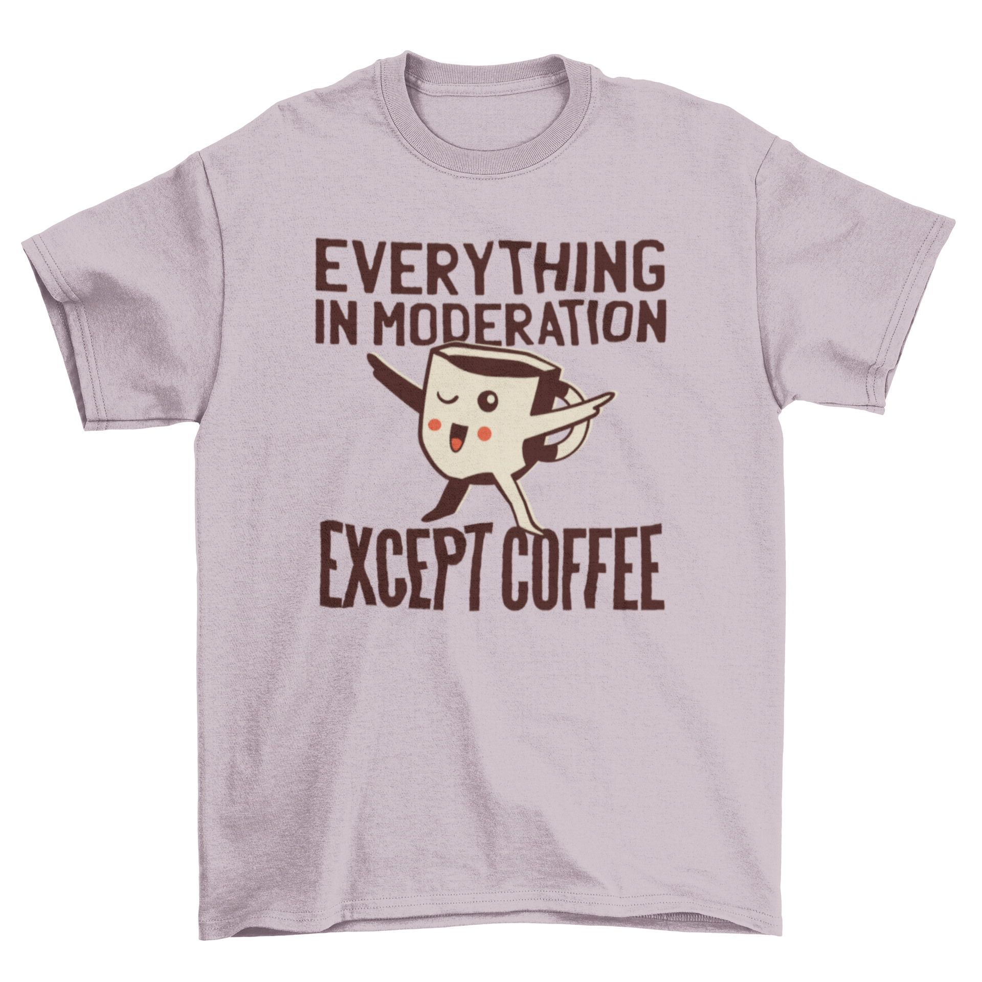 Kawaii t-shirt featuring a cute coffee cup illustration with a humorous quote about coffee.