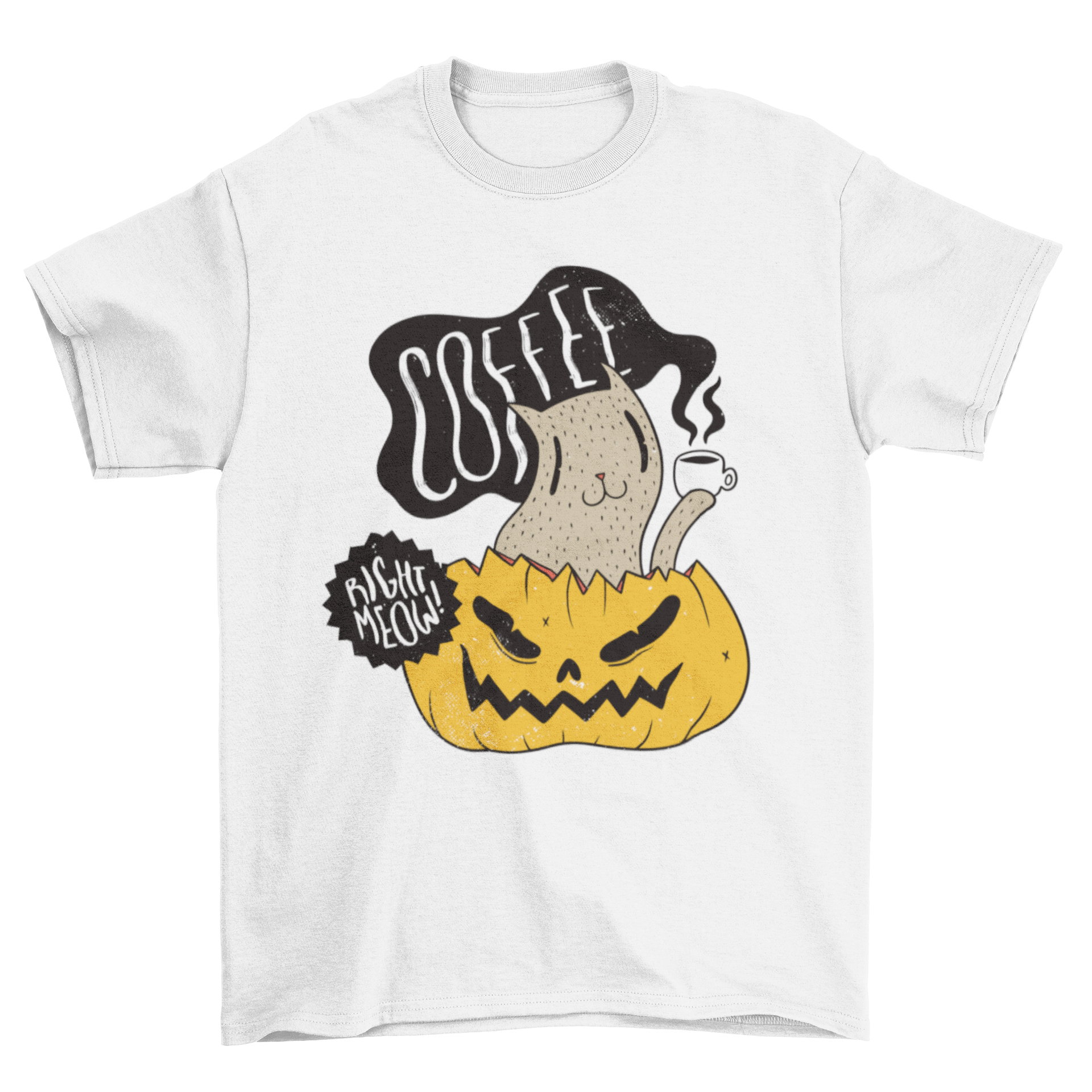 A Halloween-themed t-shirt featuring a cute cat drinking coffee inside a pumpkin illustration.