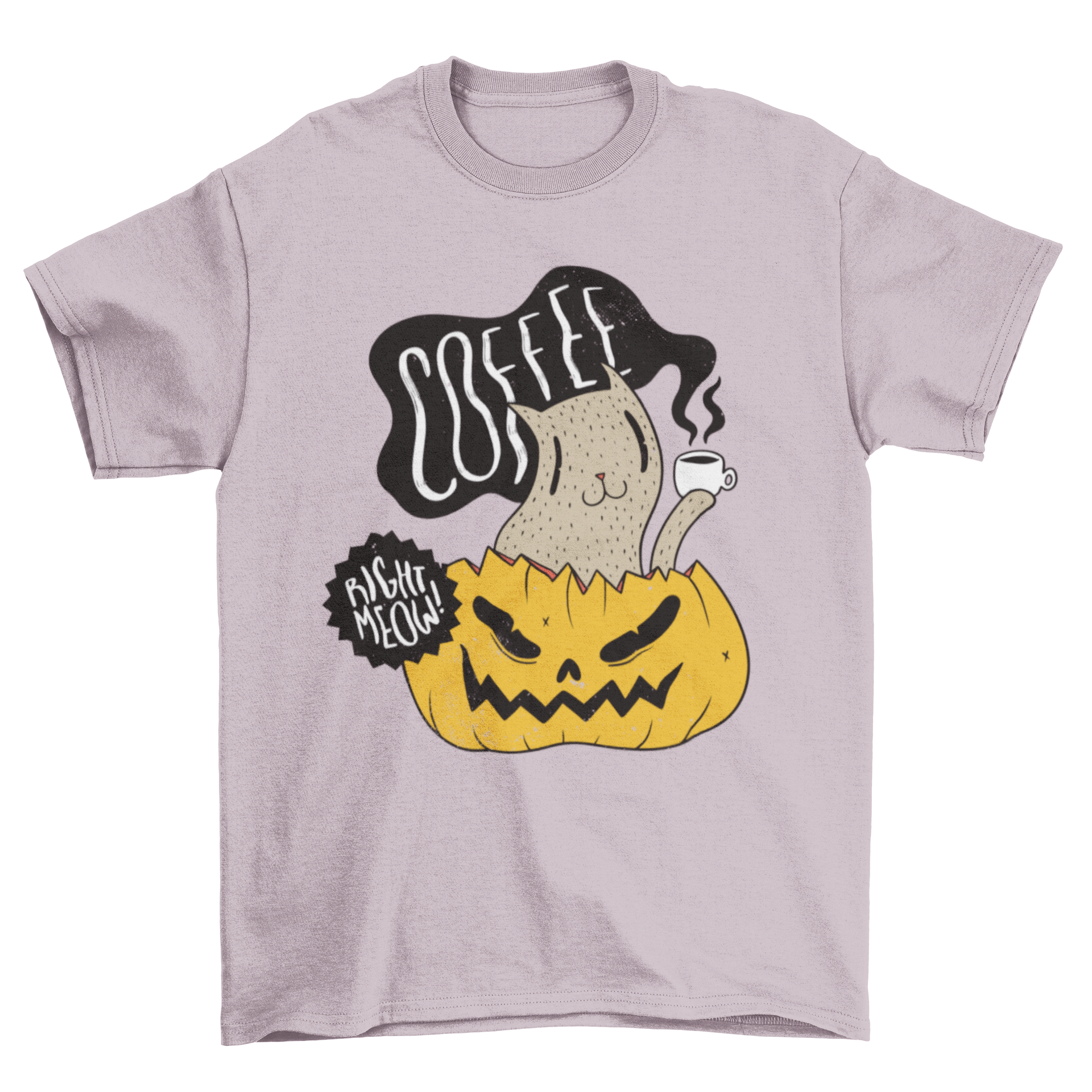 A Halloween-themed t-shirt featuring a cute cat drinking coffee inside a pumpkin illustration.